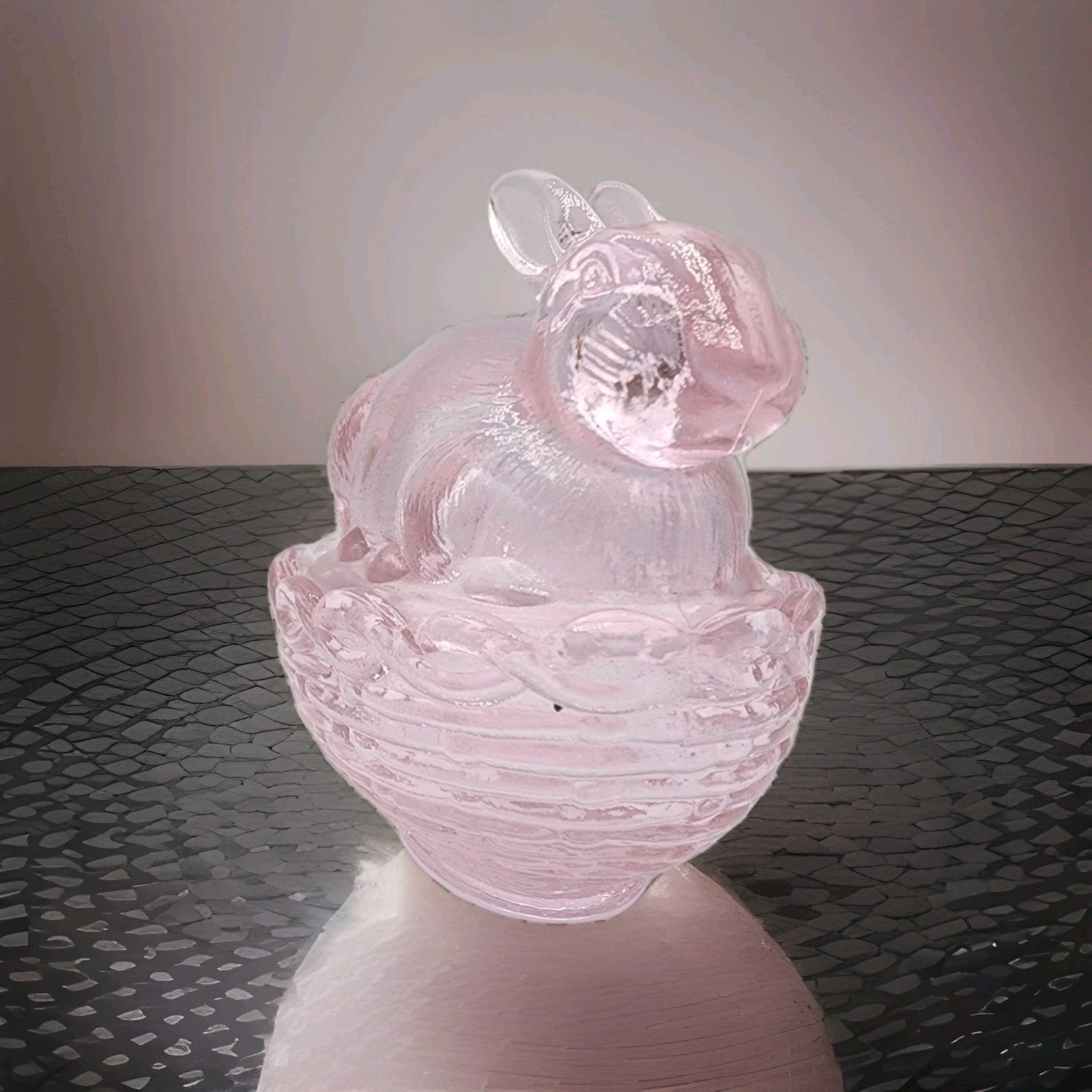 Easter Bunny on Basket Mosser Glass W/ Logo Covered Dish Passion Pink 4″
