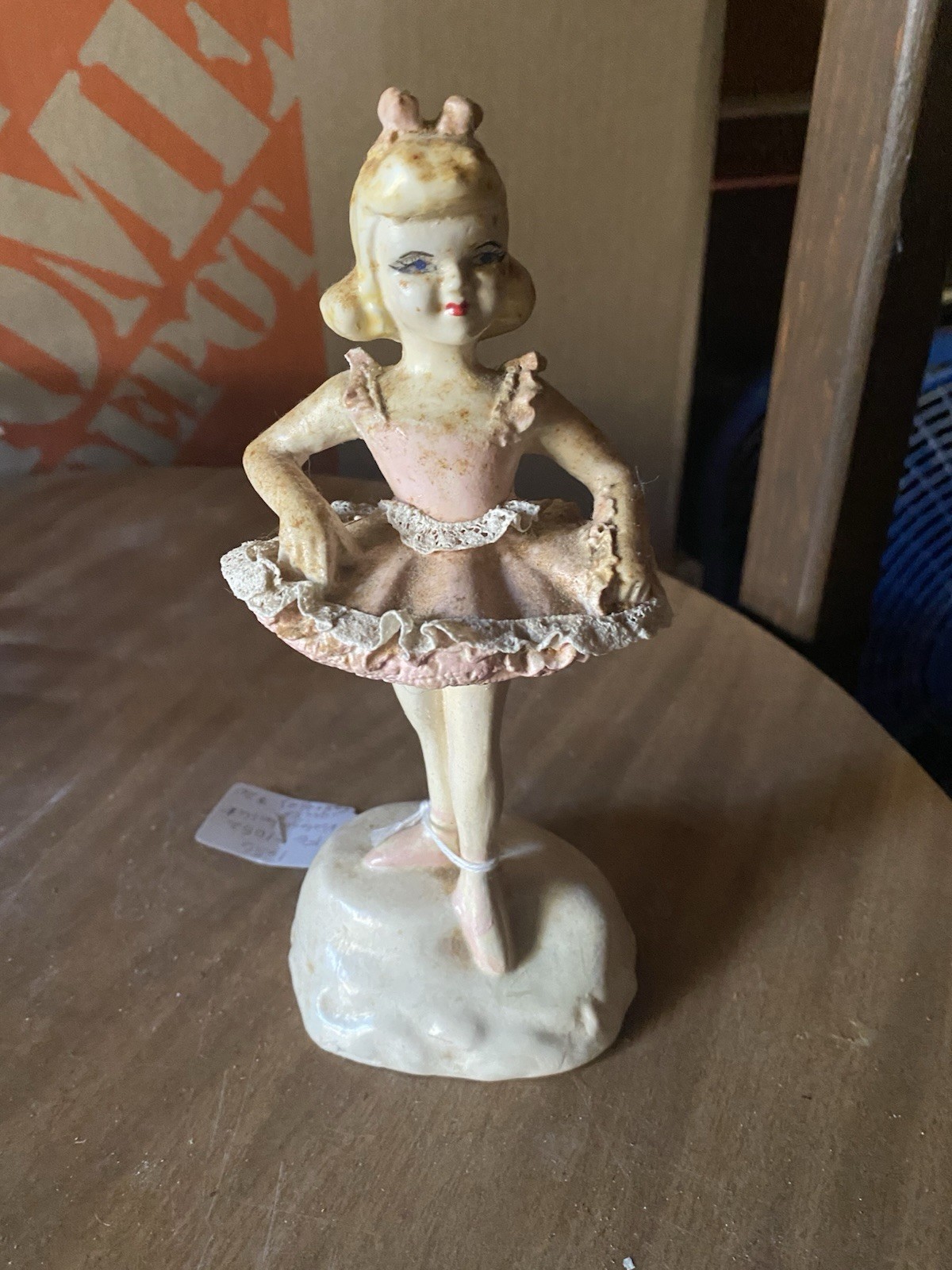 Ceramic Ballerina Figurine Ballet Theme Pink Dress Blonde Hair White Base