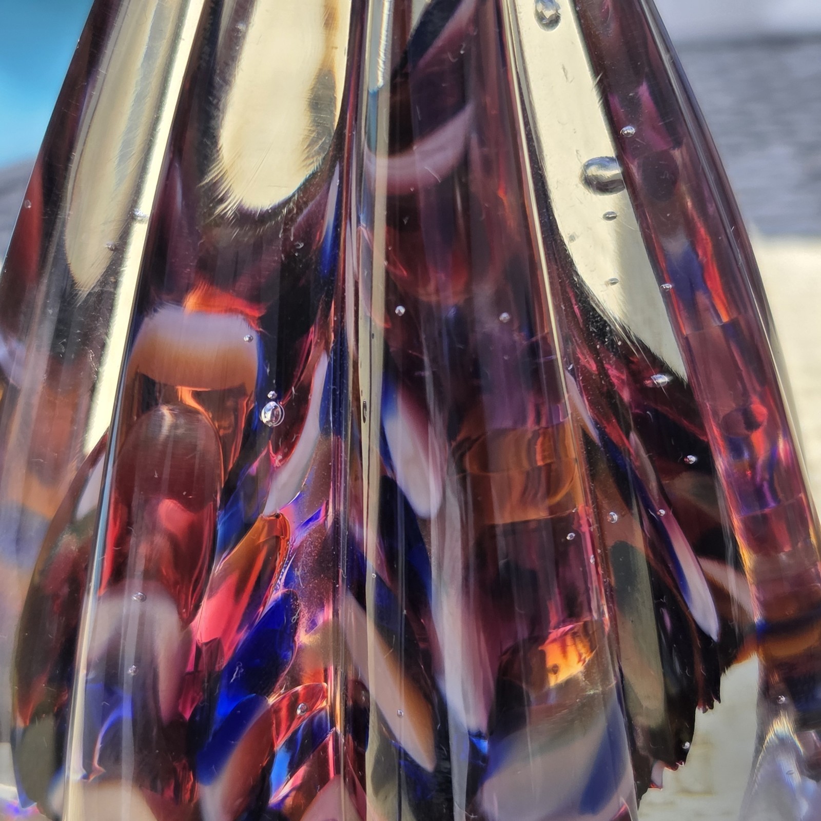 Signed 2014 Studio Art Glass Teardrop Paperweight Purple Red Bubble Sculpture