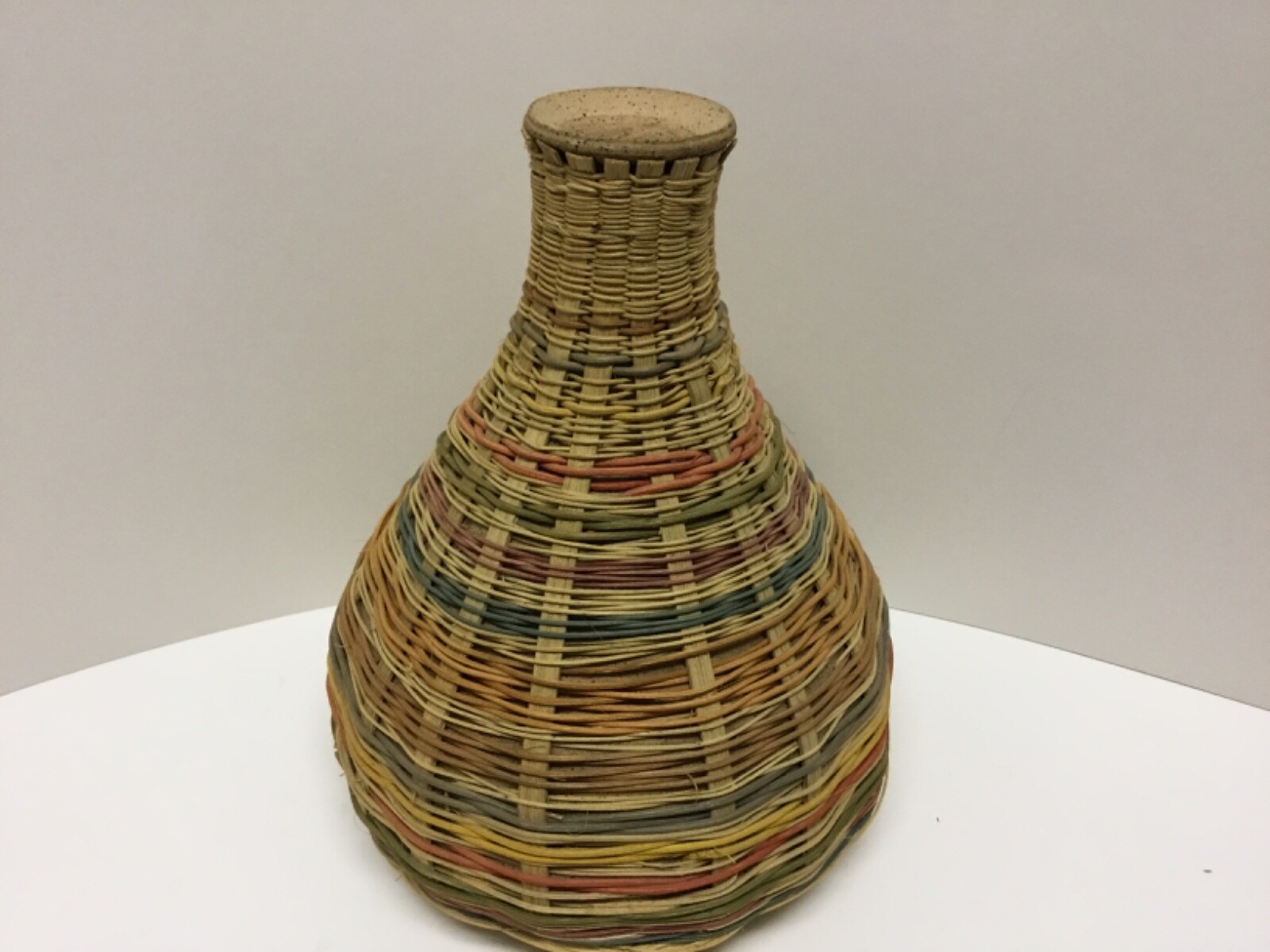 Wicker Wrapped / ENCASED Pottery Vase or Jug Multi-Color Rainbow 7.25”H x 6”W
