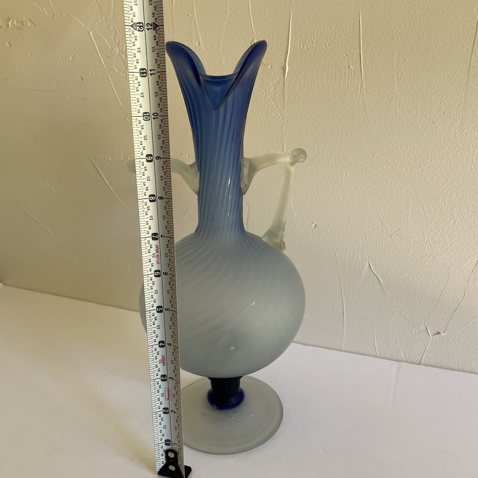 Hand Blown Vintage Satin Art Glass Vase Two Toned Blue 11.5” Frosted 2 Handles
