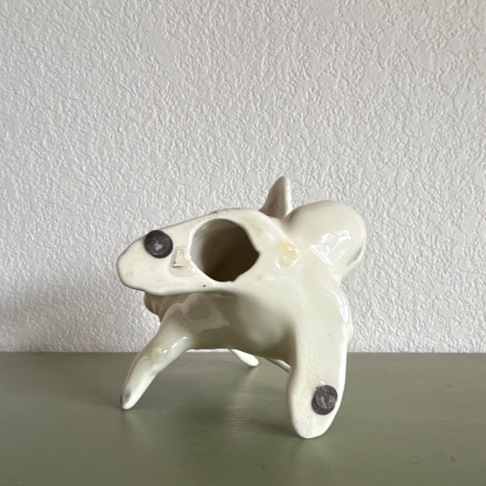 White Ceramic Rabbit Figurine Pink Eyes Gray Accents Glossy Finish