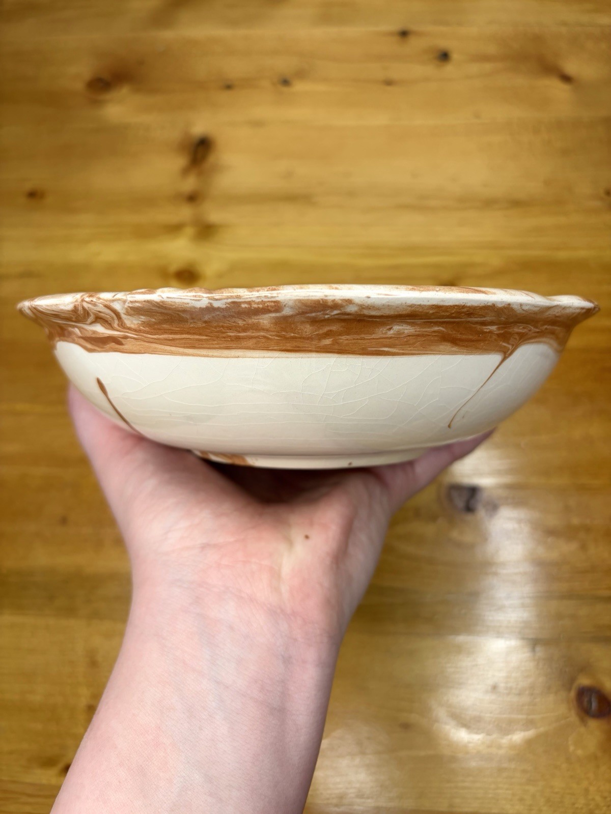 Vintage 1975 Alaskan Native Clay Pottery Bowl Ceramic Marble Cream and Brown