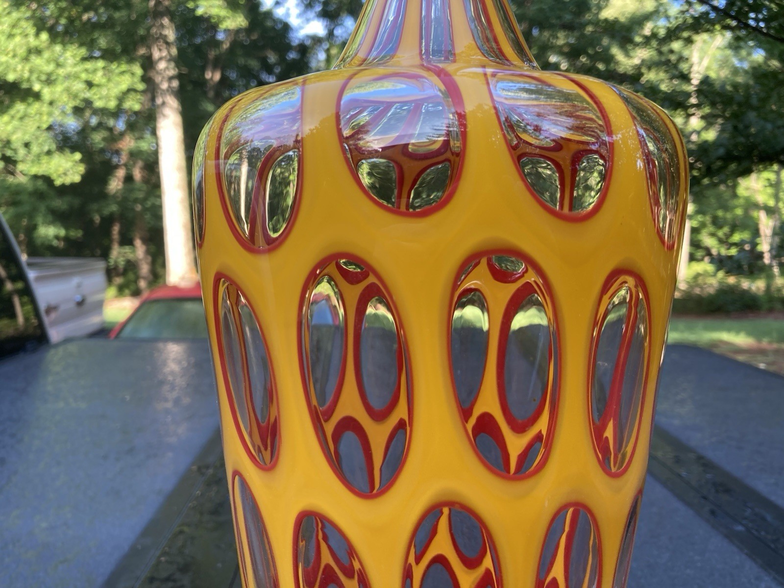 Stunning Signed Sam Stang Art Glass Blown Bottle Vase / Oval Windows
