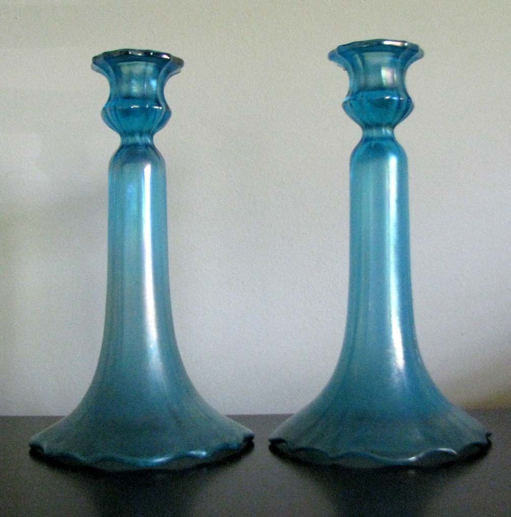 Tiffin Glass/U.S. Glass Celeste Blue Stretch #310 Candleholders circa 1910-1930s