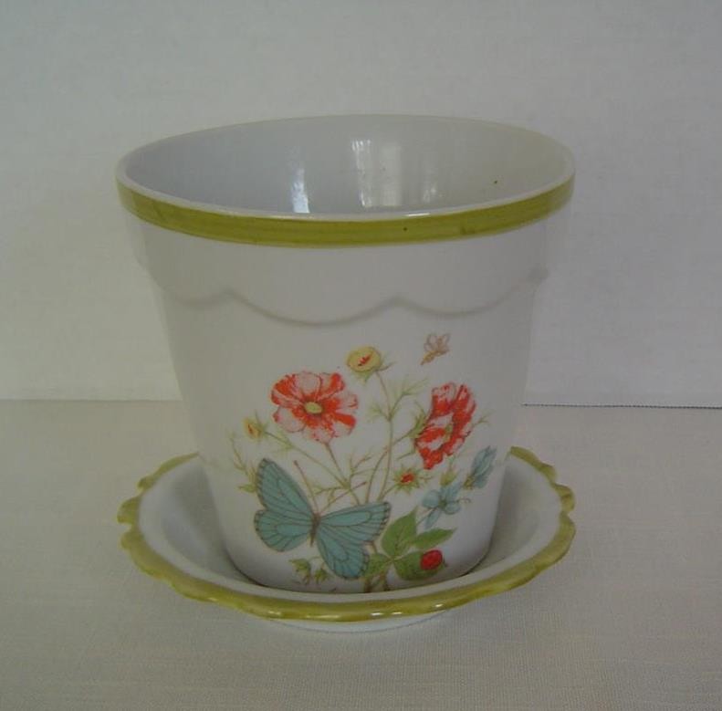 Vtg Stoneware Flowerpot w Saucer WILD FLOWERS & BUTTERFLY 4″ T Numbered # C-3136