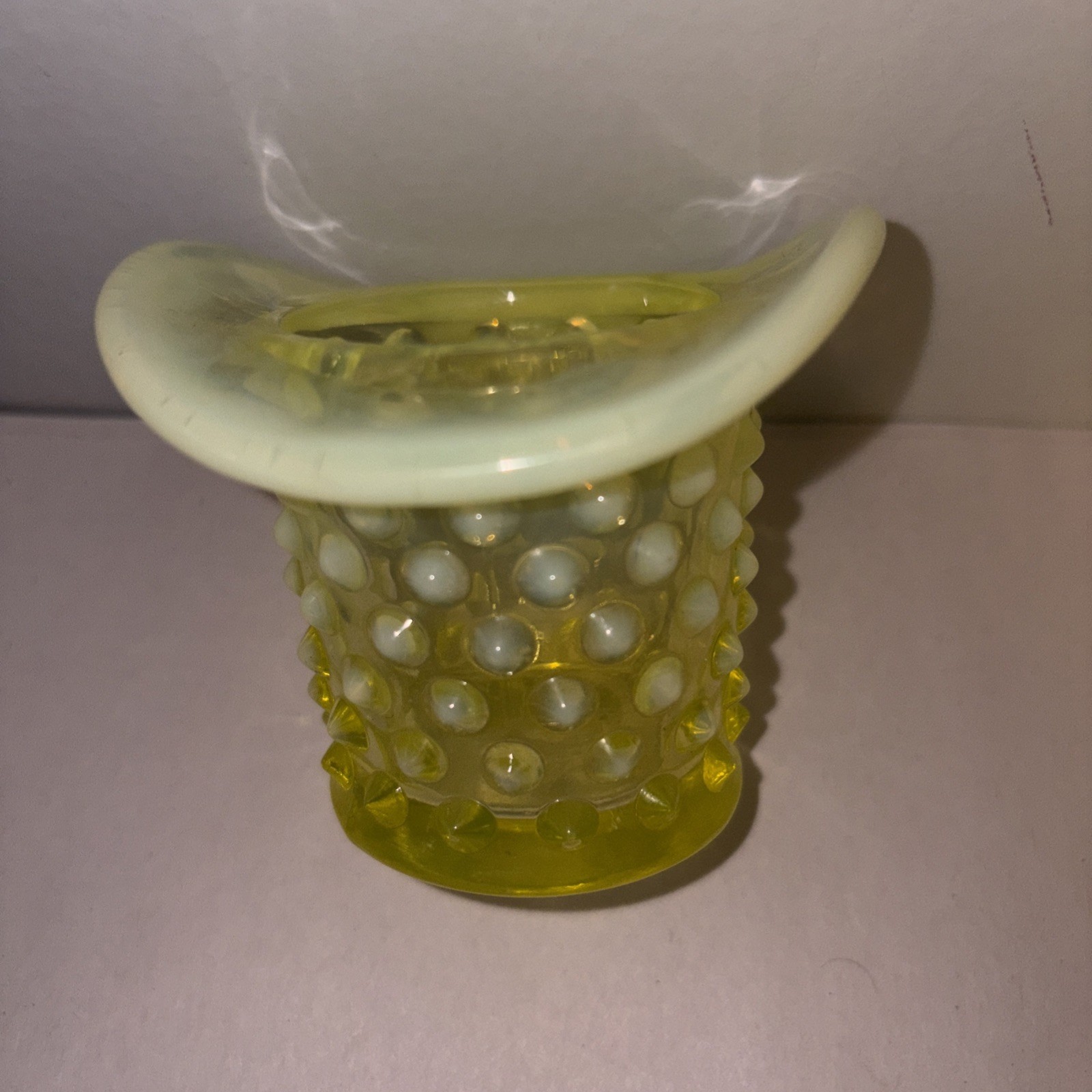 Fenton Topaz Hobnail Opalescent Vaseline Hobnail Uranium Glass Top Hat Vase