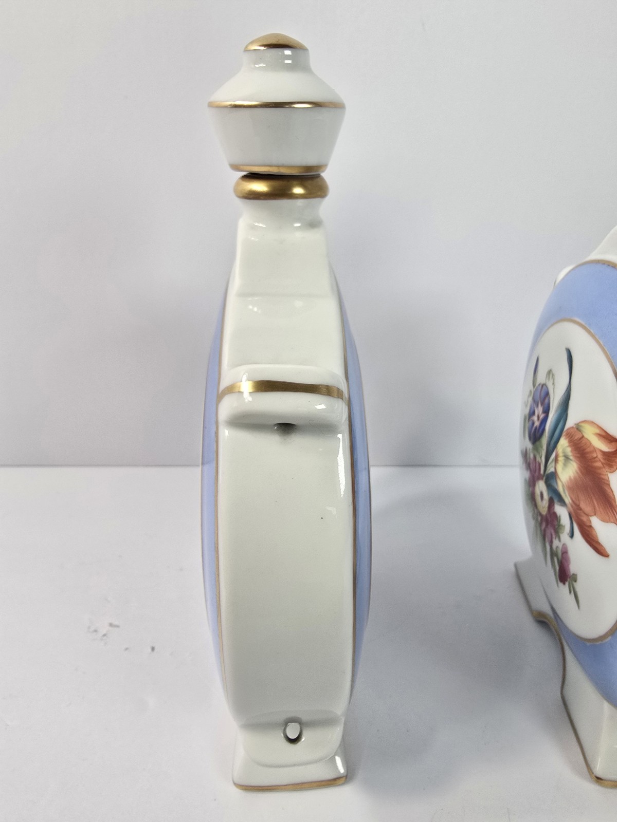 Herend Hungary 1839-1939 Moon Flask Vase Pair Blue Floral Gold Trim