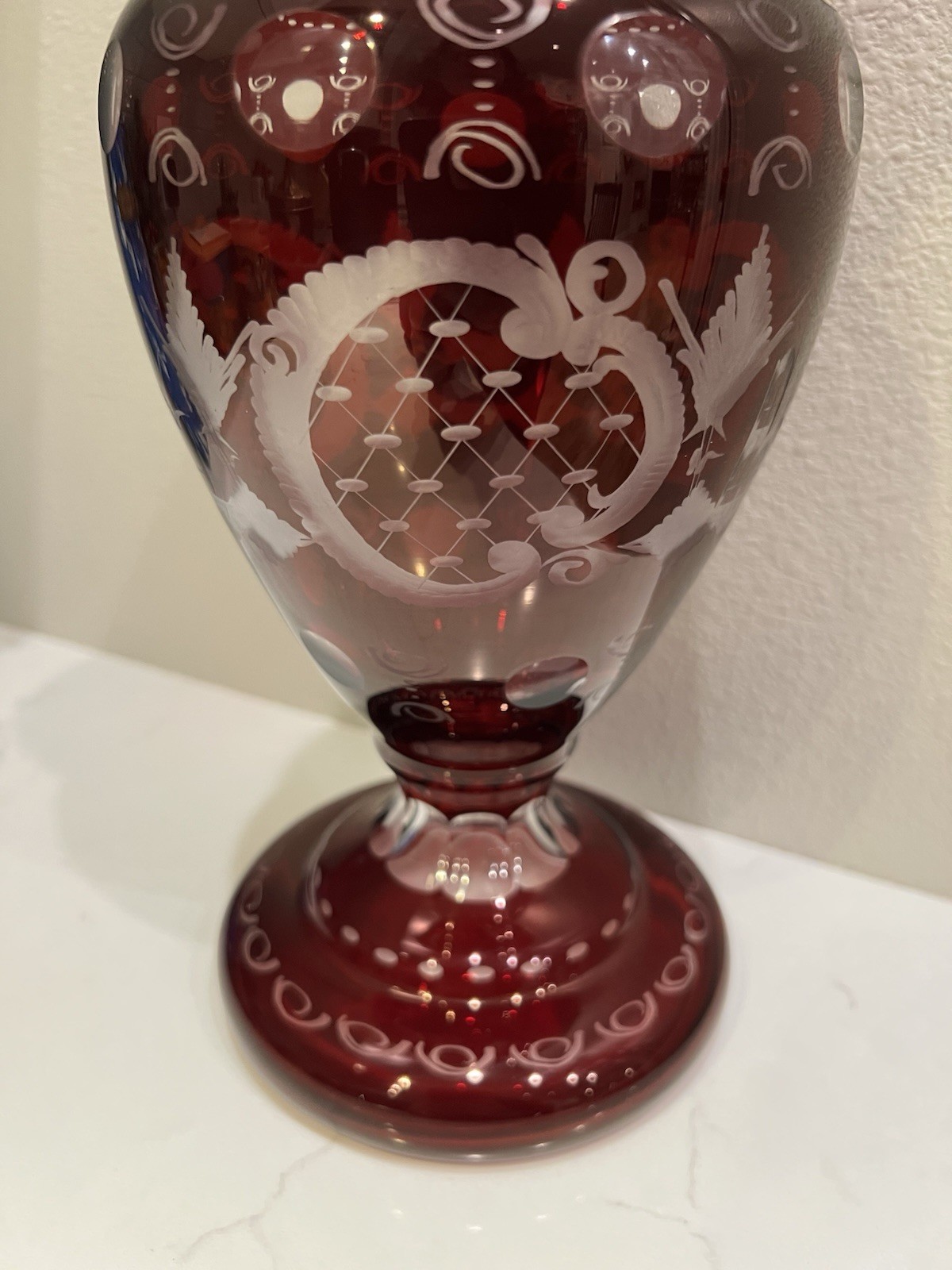 Vtg Large Cut to Clear Bohemian Egerman Ruby Red Etched Glass Bird / Castle Vase