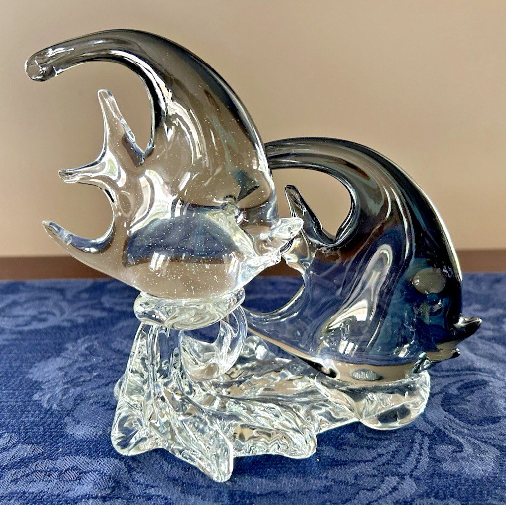 Vintage Murano Art Glass Two Fish Figurine Clear & Smoky Gray 6″x7″ **READ**
