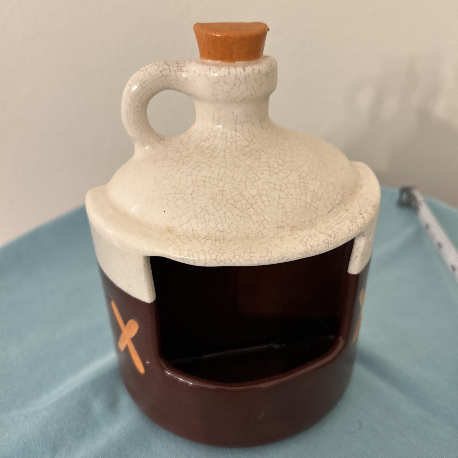 UNIQUE VINTAGE brown and white Glazed Pottery Whiskey Jug Flower Wall Pocket.