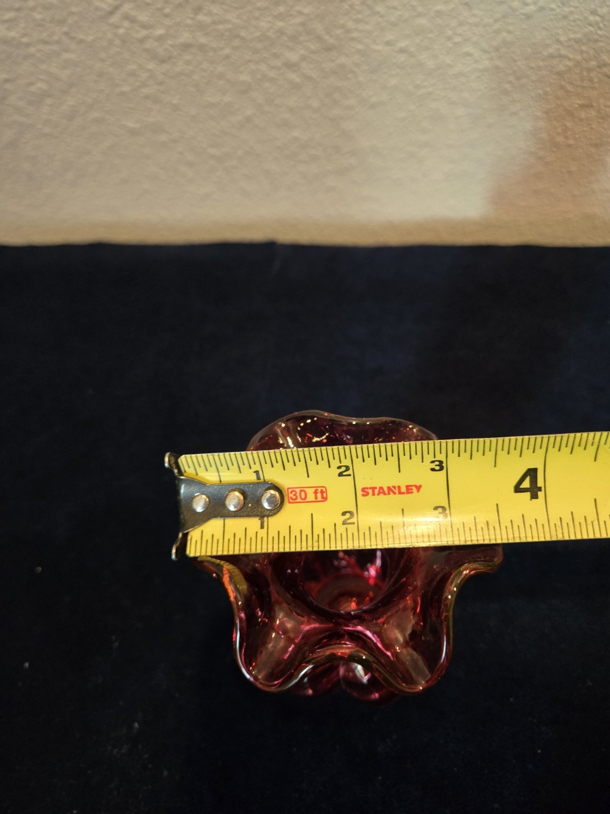 Vintage Fenton Cranberry Scalloped Edge Swirl Vase 5 1/2 Inches Tall