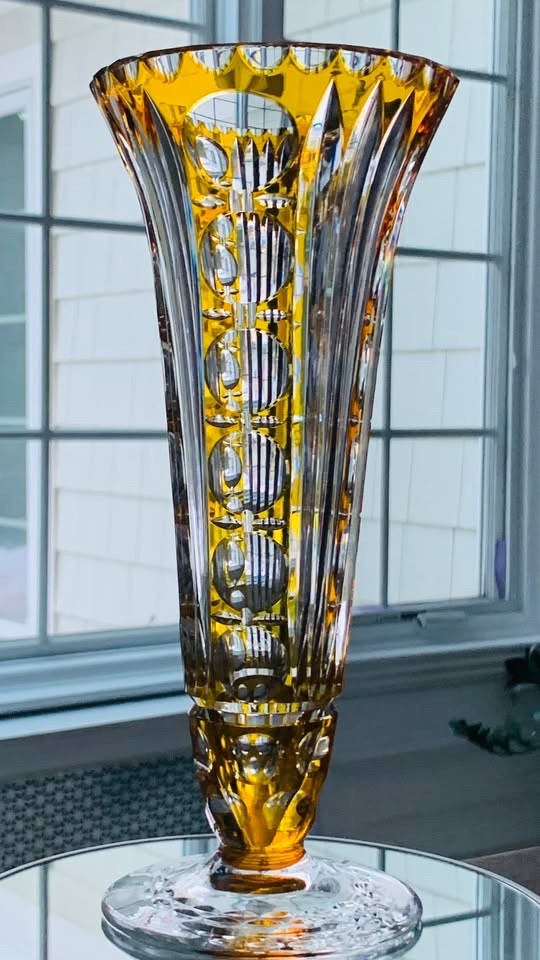 Vintage Nachtmann Crystal Trumpet Vase in Citrine; 10.5″ Tall; Made in Germany
