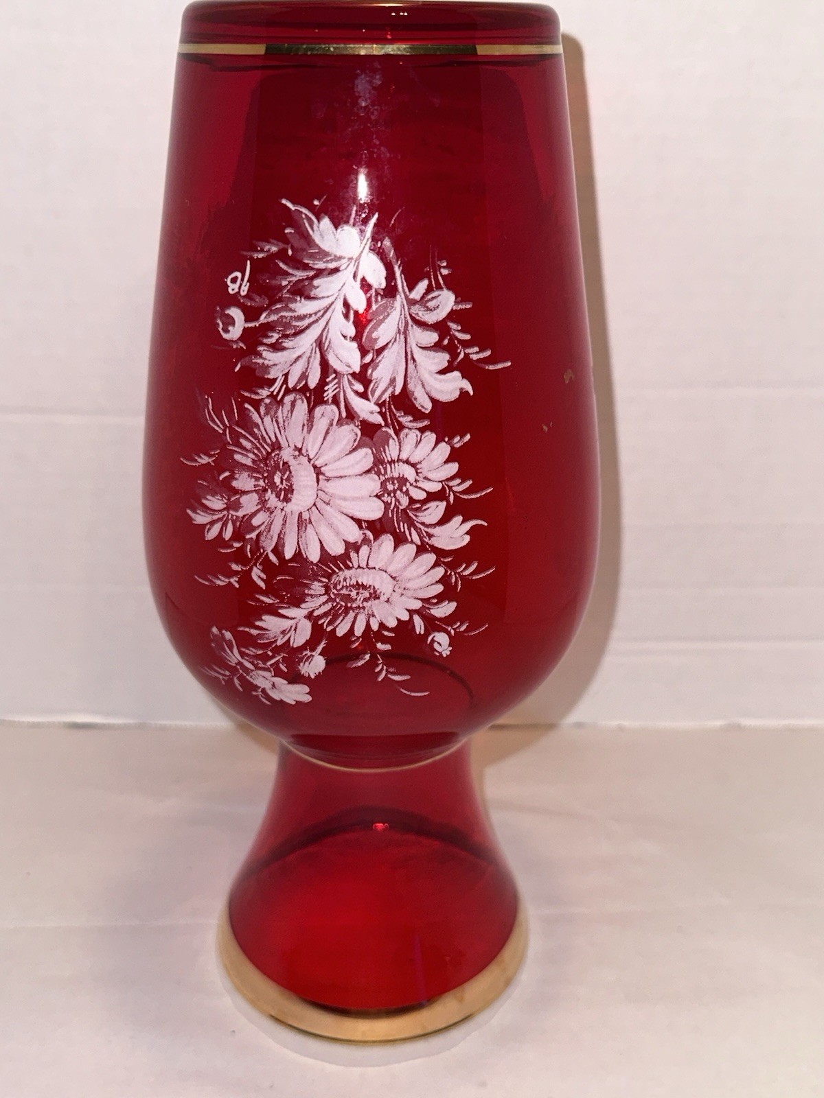 VTG Norleans Lipstick Red Gold Rim White Flowers Painted Vase Signed AB