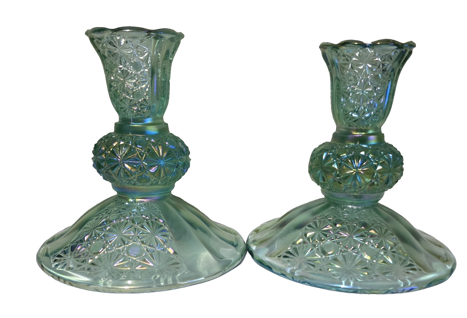 Vtg Fenton Taper Candle Holders Green Carnival Iridescent Glass Set of 2 4.75″