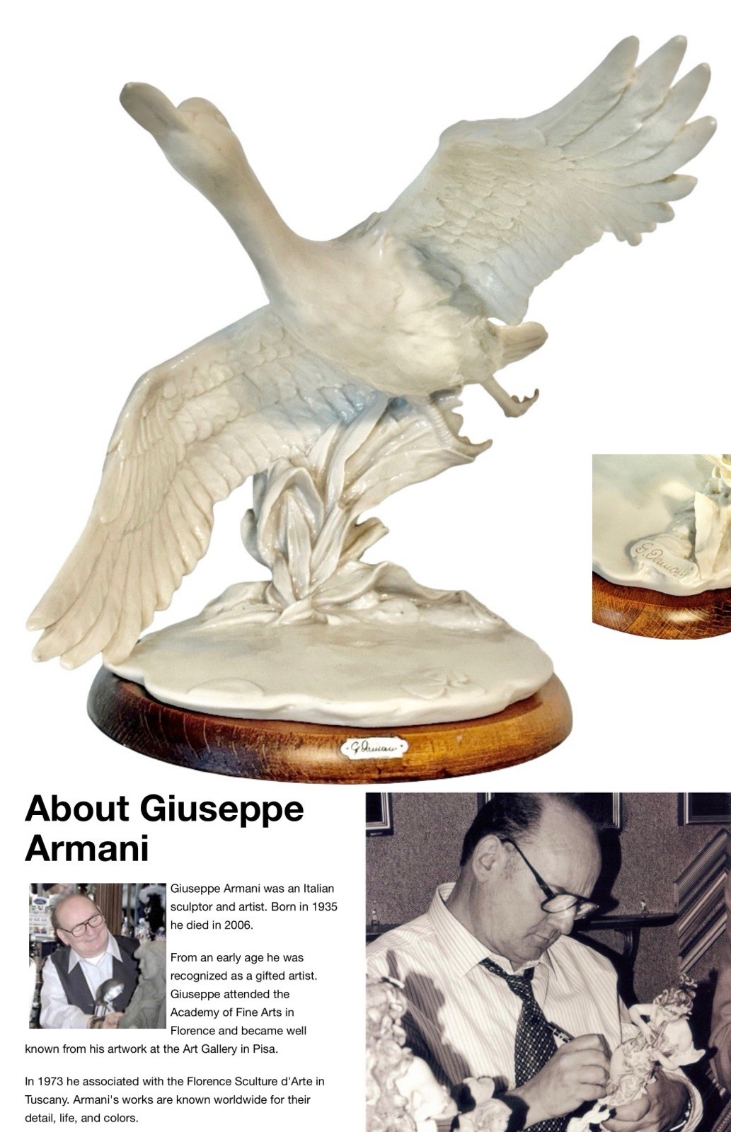 Italian Blanc De Chine Sculpture Creamware Swan Bird Decor Signed G. Armani Art