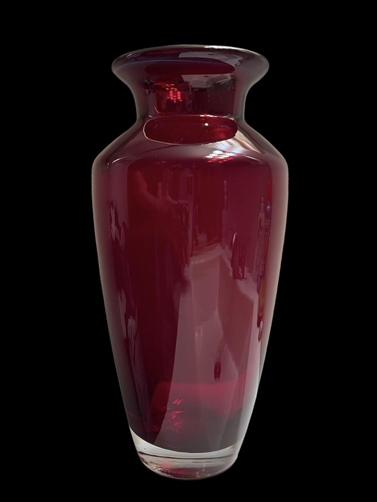 9.5” Tall Heavy Clear Bottom Red Hand Blown Glass Vase EUC