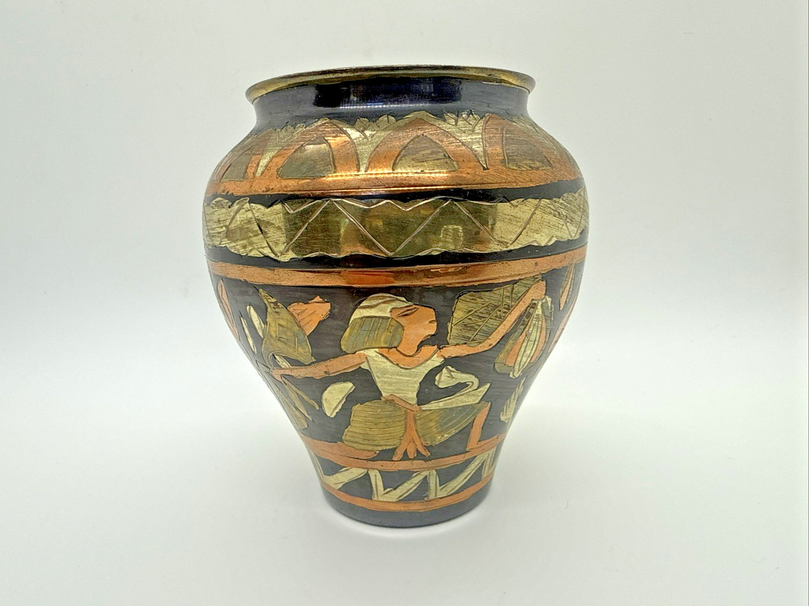 Vintage Nickel Egyptian Vase Copper Brass Plated Black Liver Sulfur Handmade