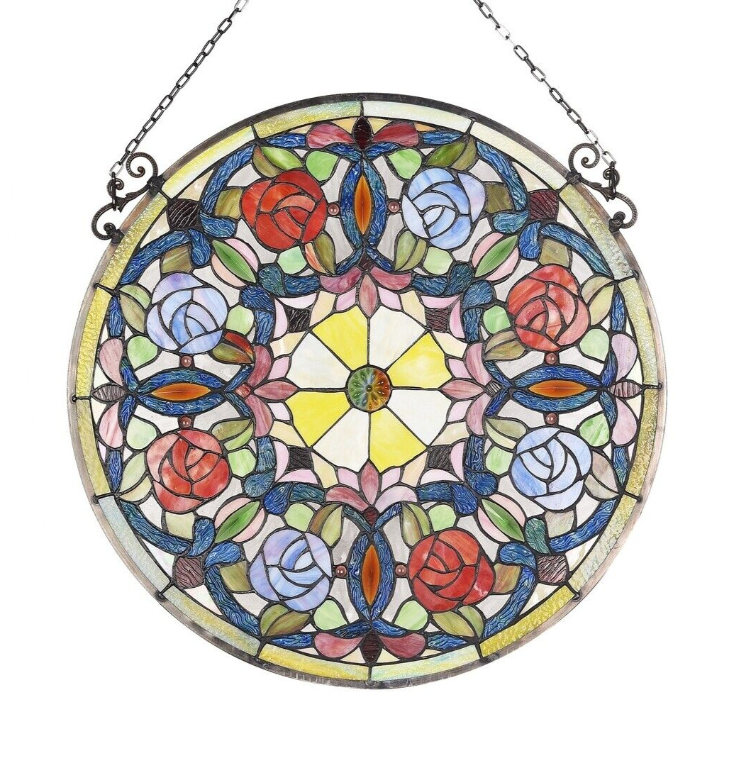23.4″ Round Floral Stained Glass Window Hanging Panel Suncatcher