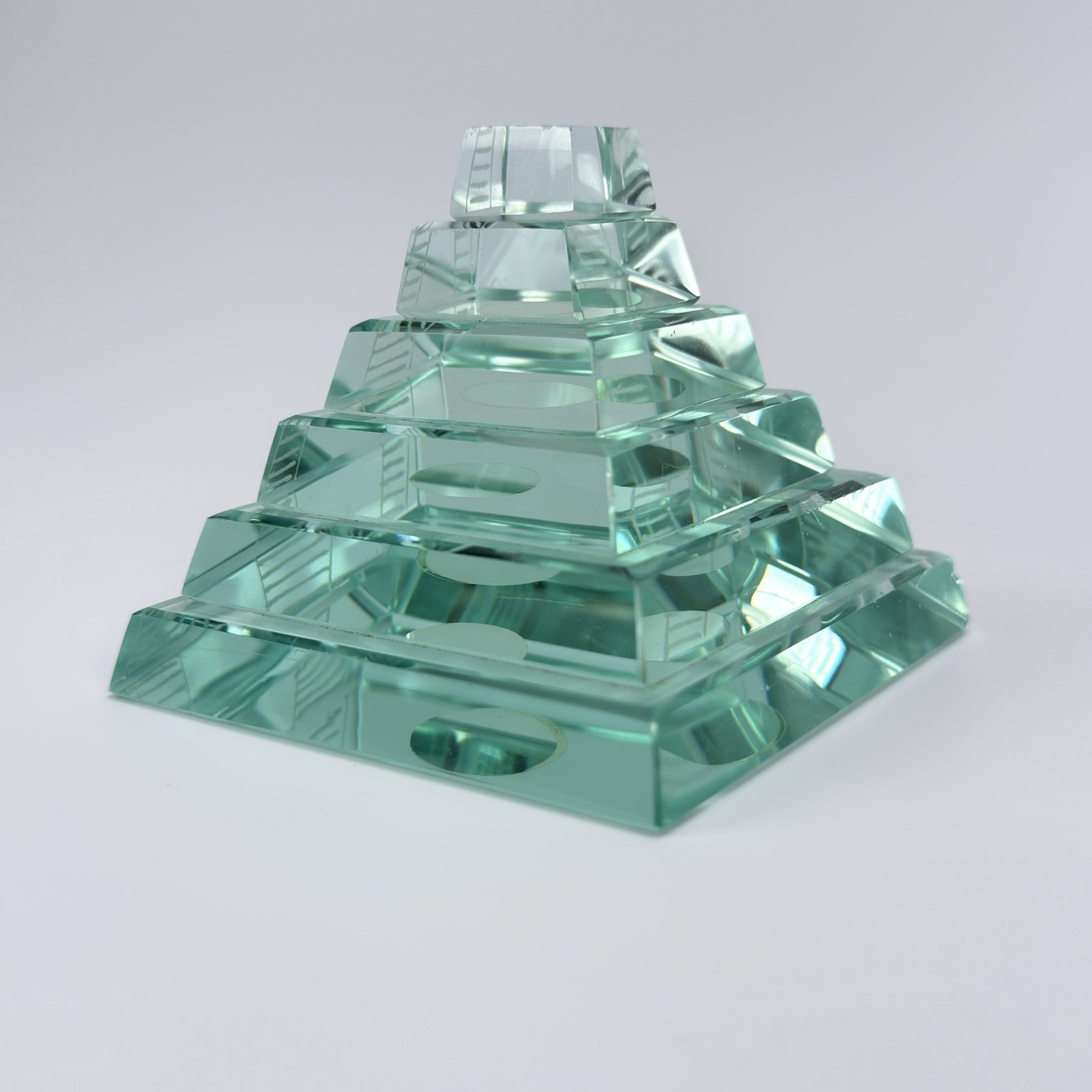 Aztec Mayan Glass Paper Weight 3 1/2” X 3” 20oz Pyramid Clear Green Glass
