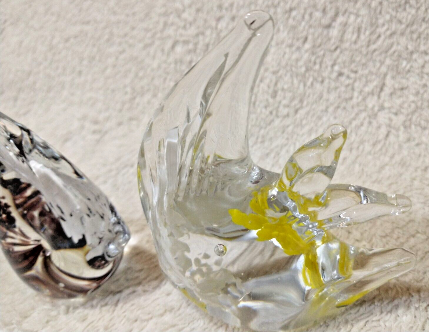 2 Art Glass Angel Fish Statue Clear Yellow White-Clear Black White Paperweight