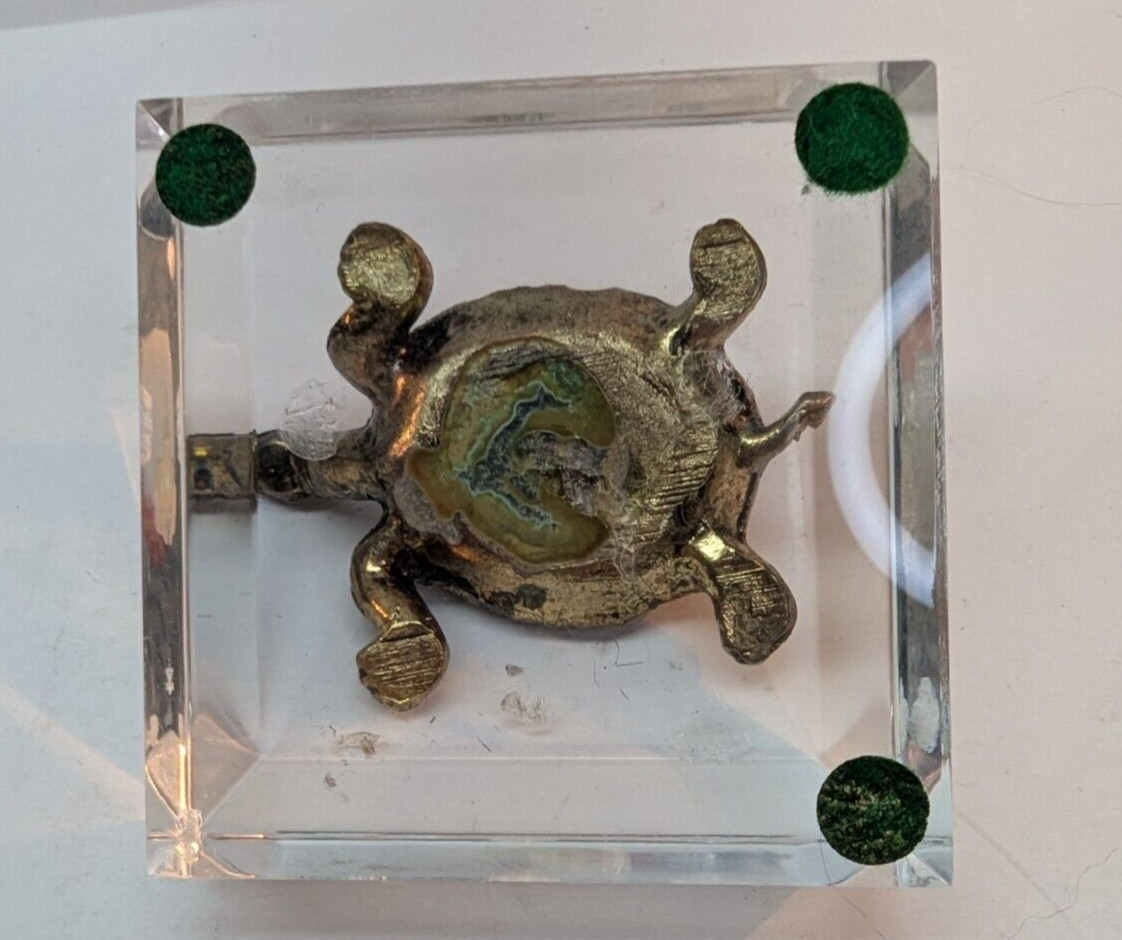 Solid Bronze Turtle Figure Clear Glass Square Base 3 Inch Paperweight Vintage