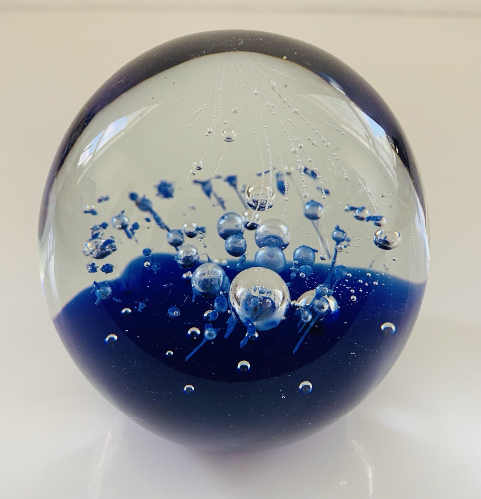 Vtg Art Glass Hand Blown Paperweight Cobalt Blue Controlled Bubbles/Fireworks