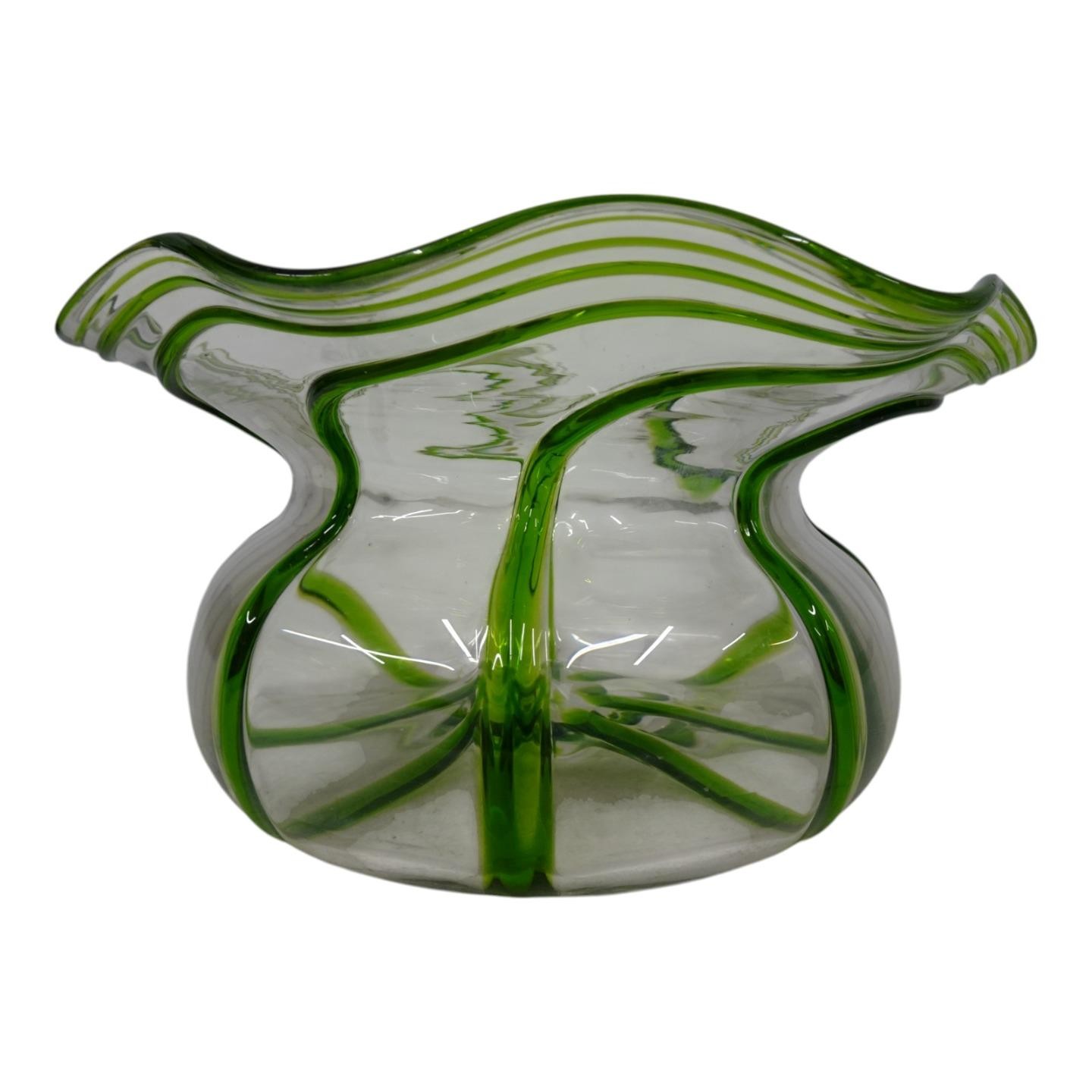 Stuart & Sons Stourbridge Hand Blown Green Trailed Art Bowl Glass Vase HT6