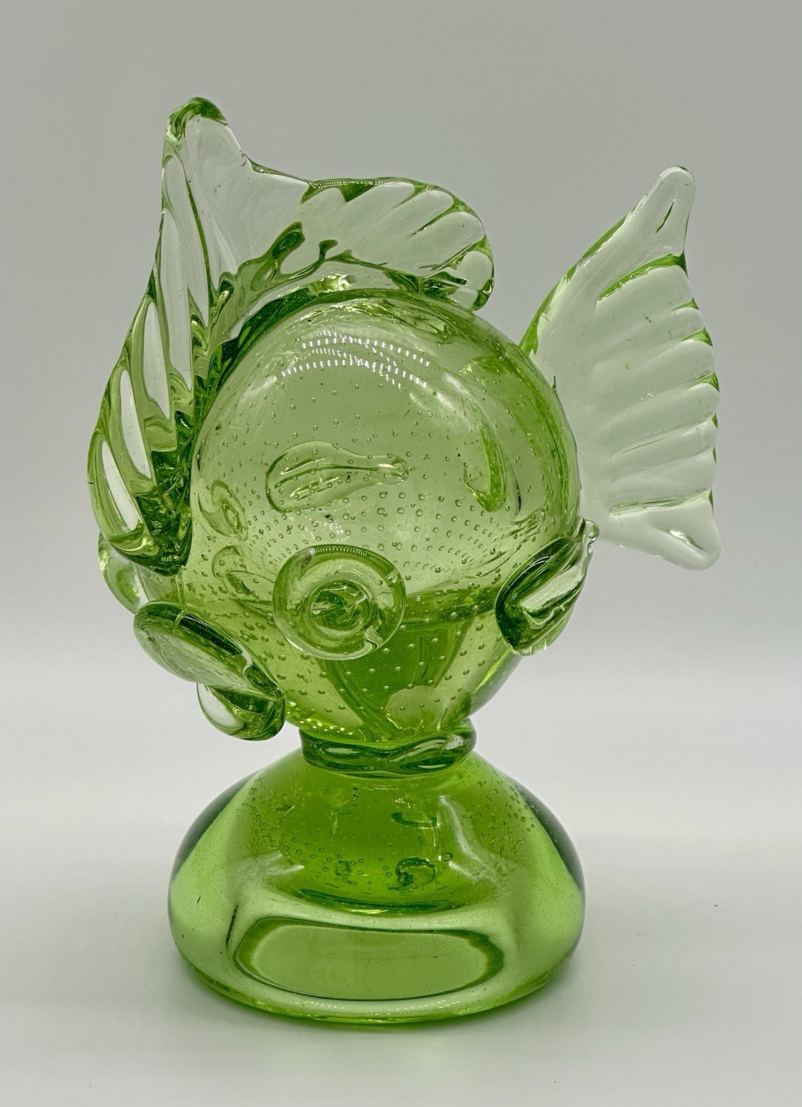 MCM Heavy (4 Lb 10 Oz) Lime Green Bullicante Murano Hand Blown Art Glass Fish 9”