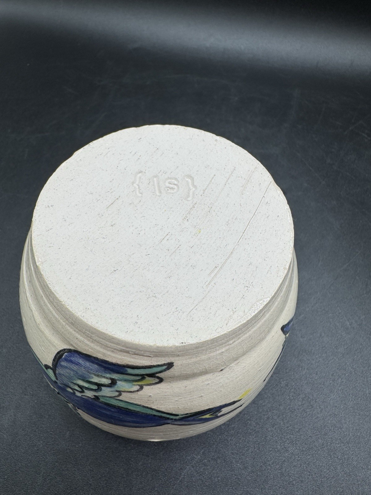 Art Pottery Hand painted Blue Birds Planter Pot Coral Floral Signed {Is} 4” W