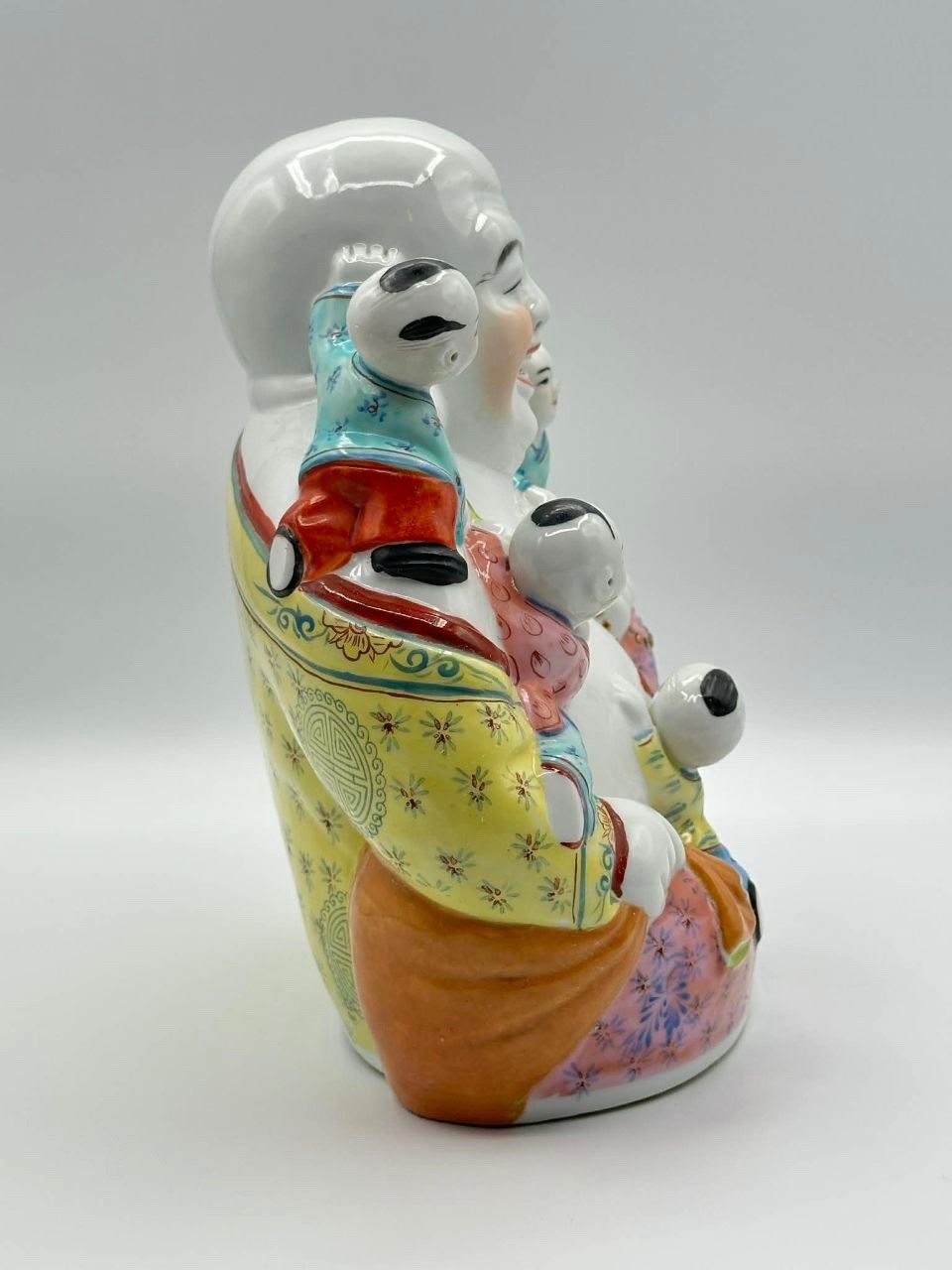 Vintage Chinese Porcelain Laughing Buddha Budai w/ Children Famille Rose 8″