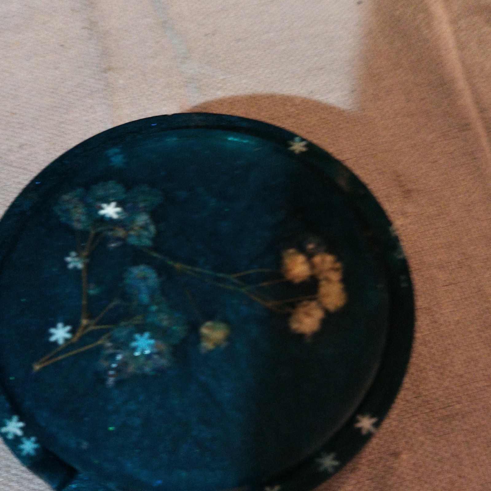Blue Glass Floral Flower Pattern Decorative Round Paperweight Desk Decor
