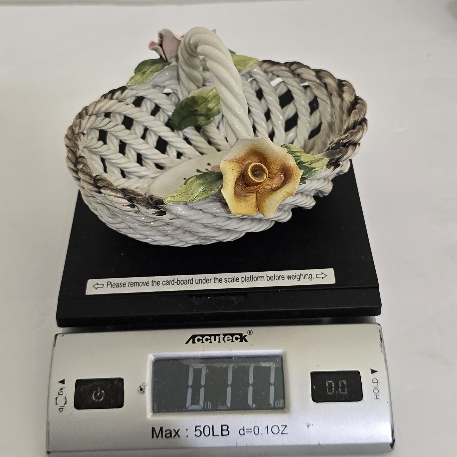 vintage CAPODIMONTE Porcelain Floral Basket Italian Made Trinket Tray White