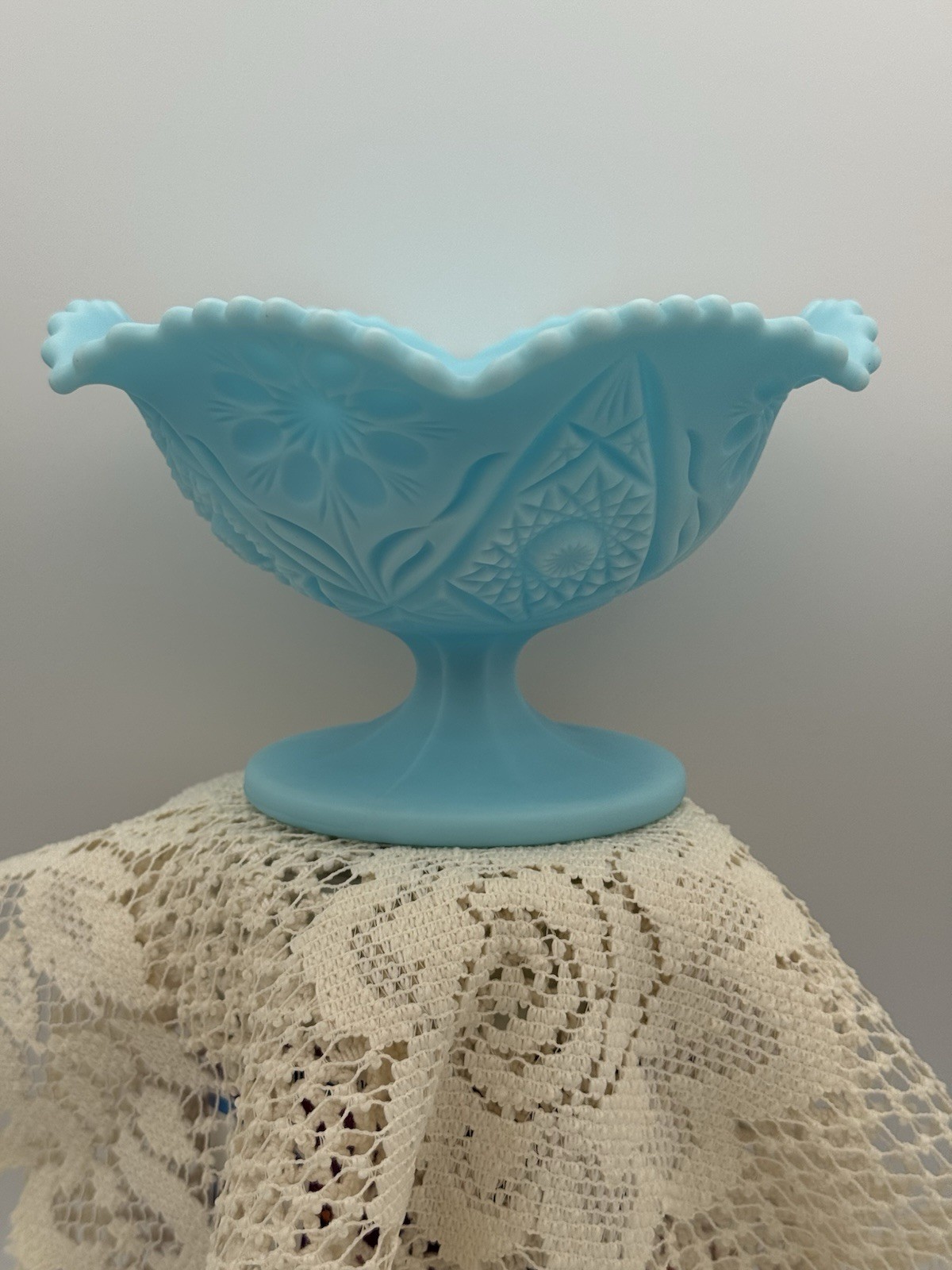 Indiana Glass Bowl Compote Satin Blue 4” “Inside Drapery Design” Marked VTG