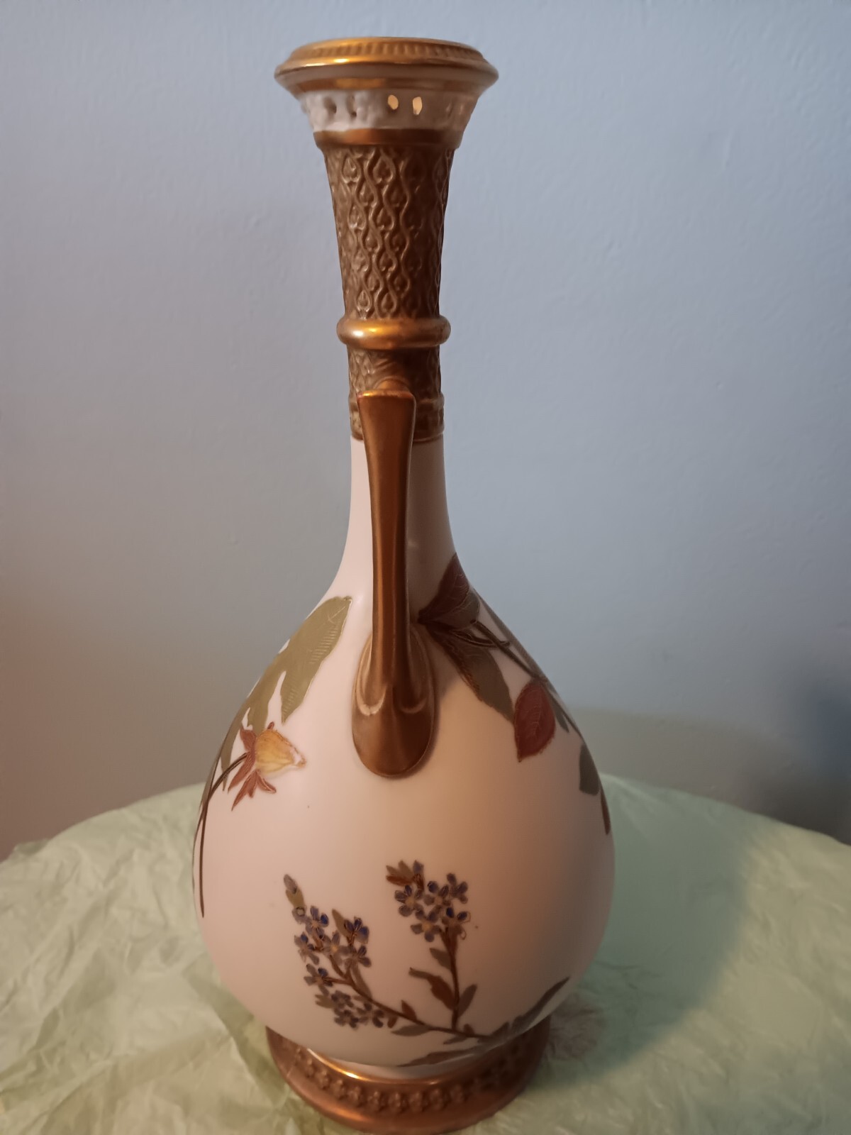 Royal Worcester Gold Gilt Fern Leaves & Blush Ivory 10 1/8 Inch Vase Circa 1887
