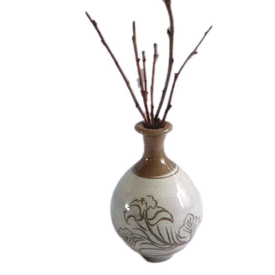 Bun-Cheong Vase Brown Porcelain Miniature Bud Painted Clay Stoneware Korean Art