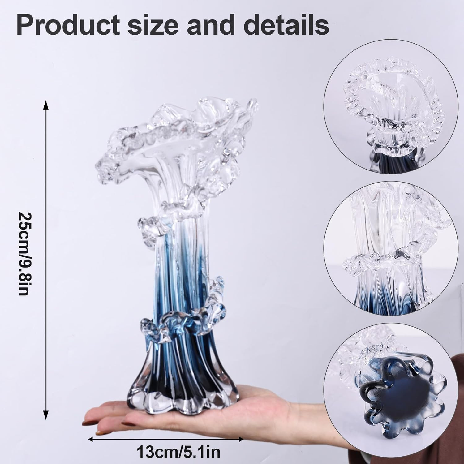 9.8″ Blue Hand Blown Glass Vase – Unique Coastal Centerpiece for Home Decor
