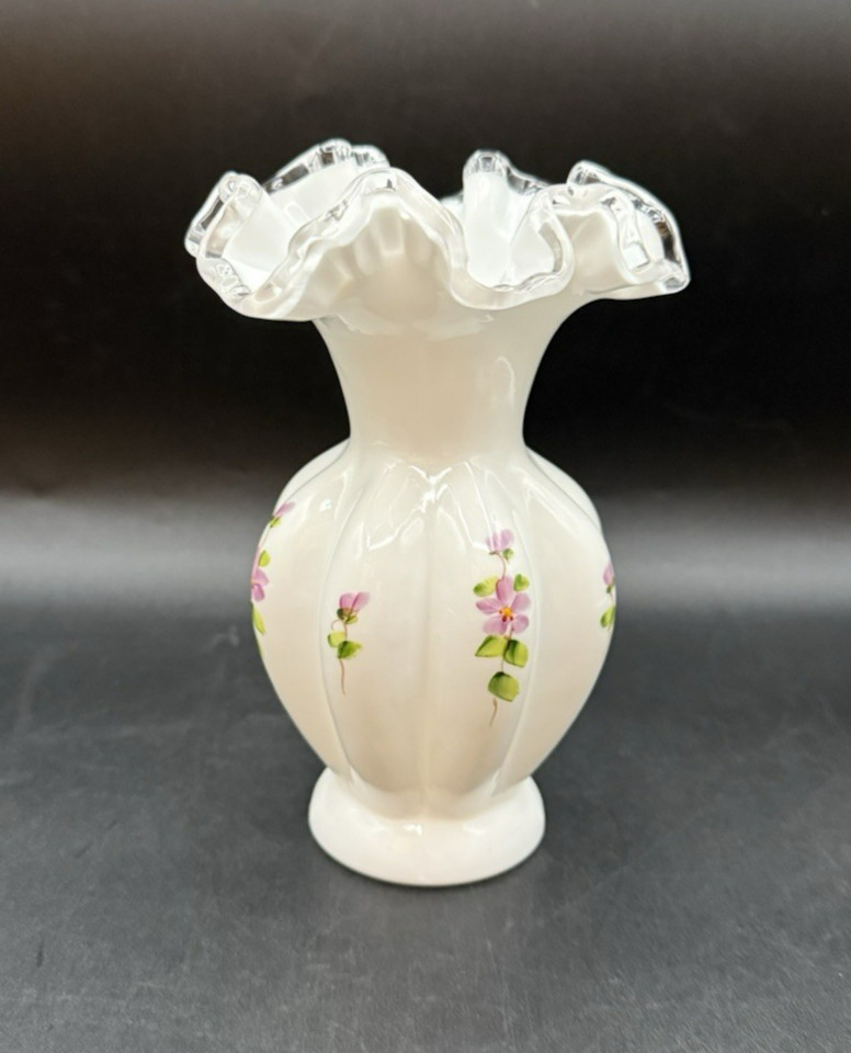 Fenton Silver Crest Ruffled Hand Painted Violets in the Snow 6″ Vase