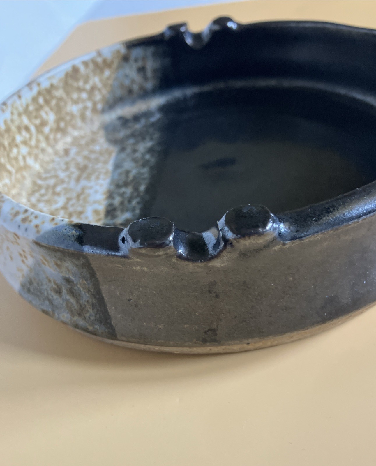 Studio Art Stoneware Pottery Glazed Two Tone Brown Ashtray 5.75 X 1.5 Inches