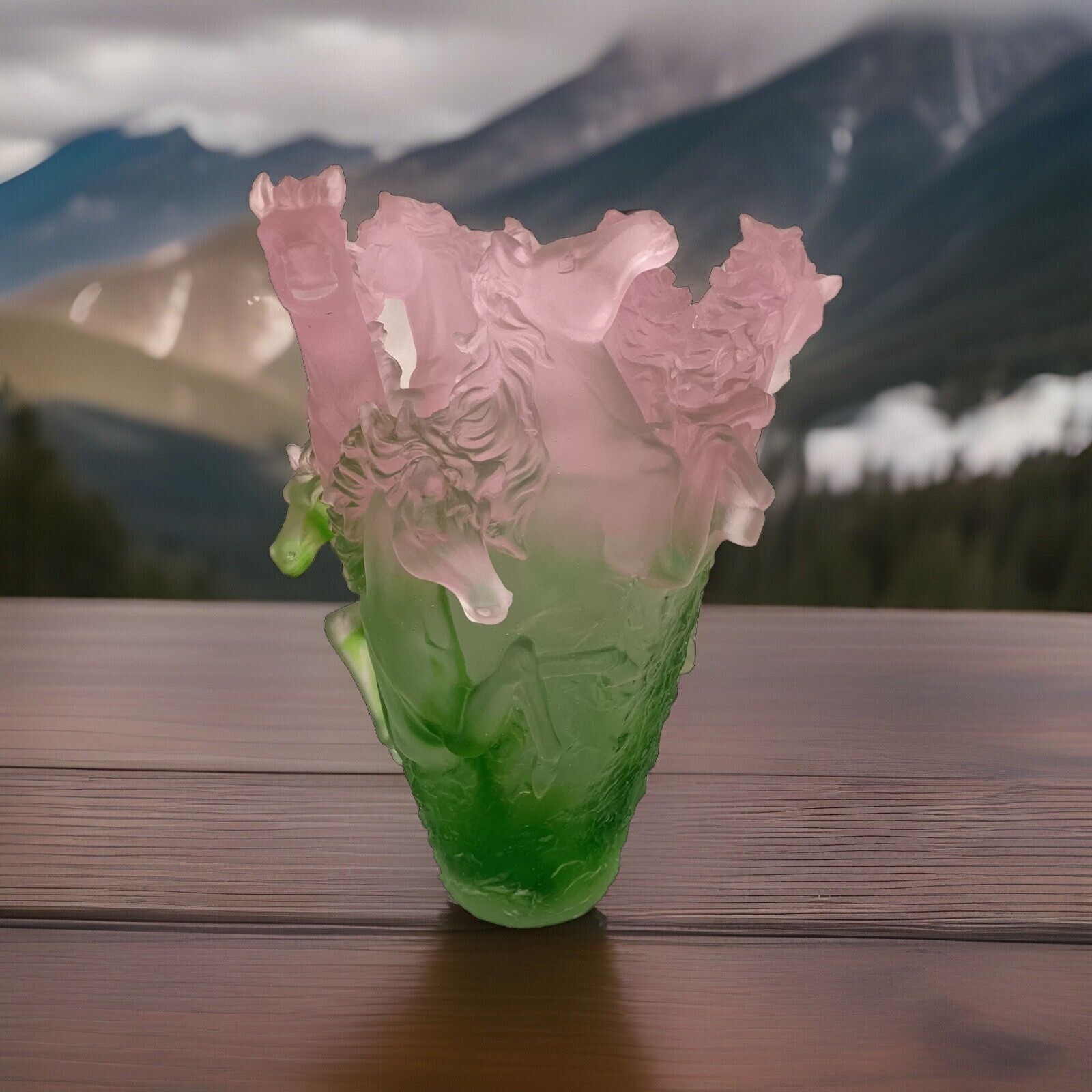 Xl Nancy Daum Style Pate De Verre Crystal Horse Vase Pink Green Ombere H10” Art