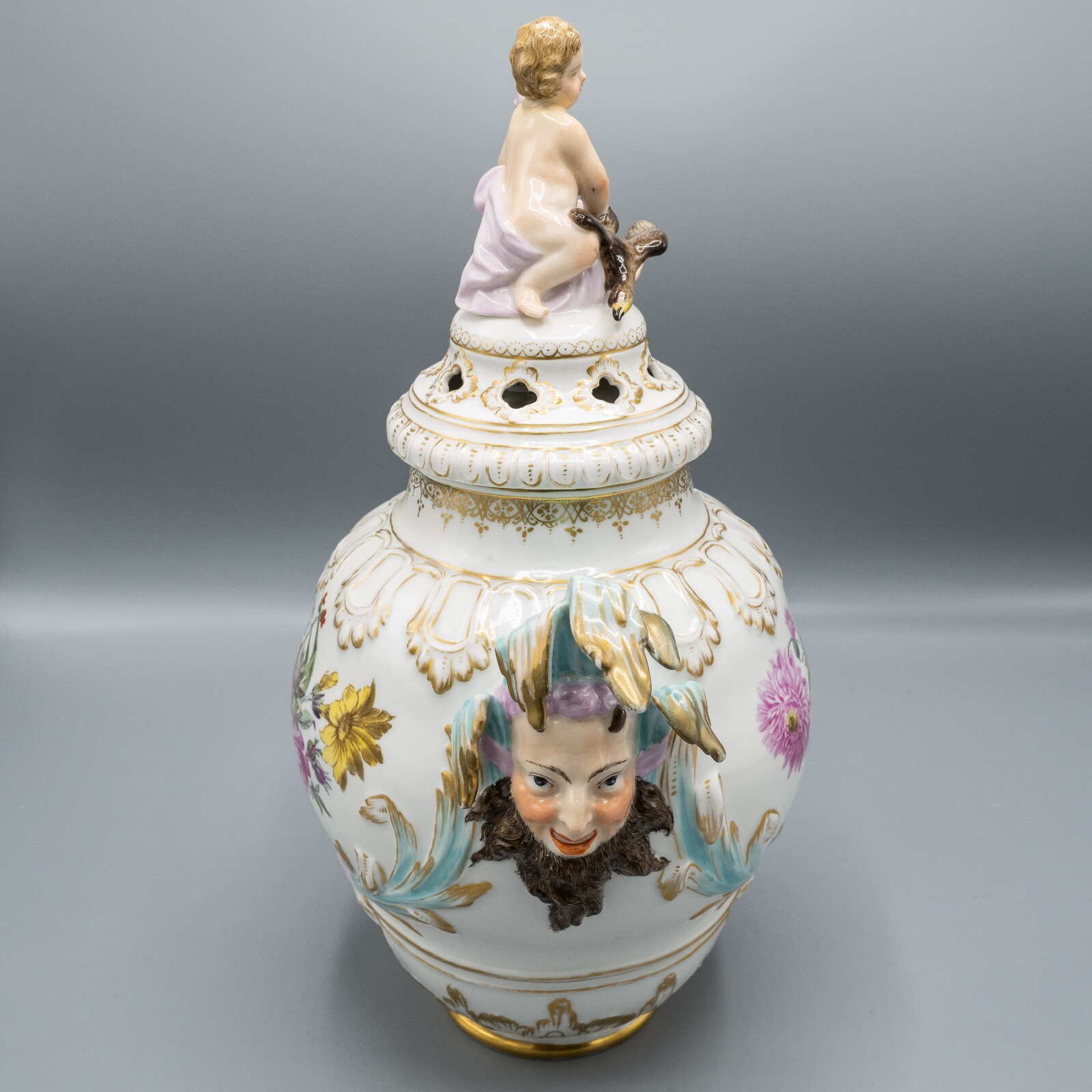 KPM Royal Berlin Covered Urn Putti Eagle Jester Floral Flowers Antique 13 1/2″ H