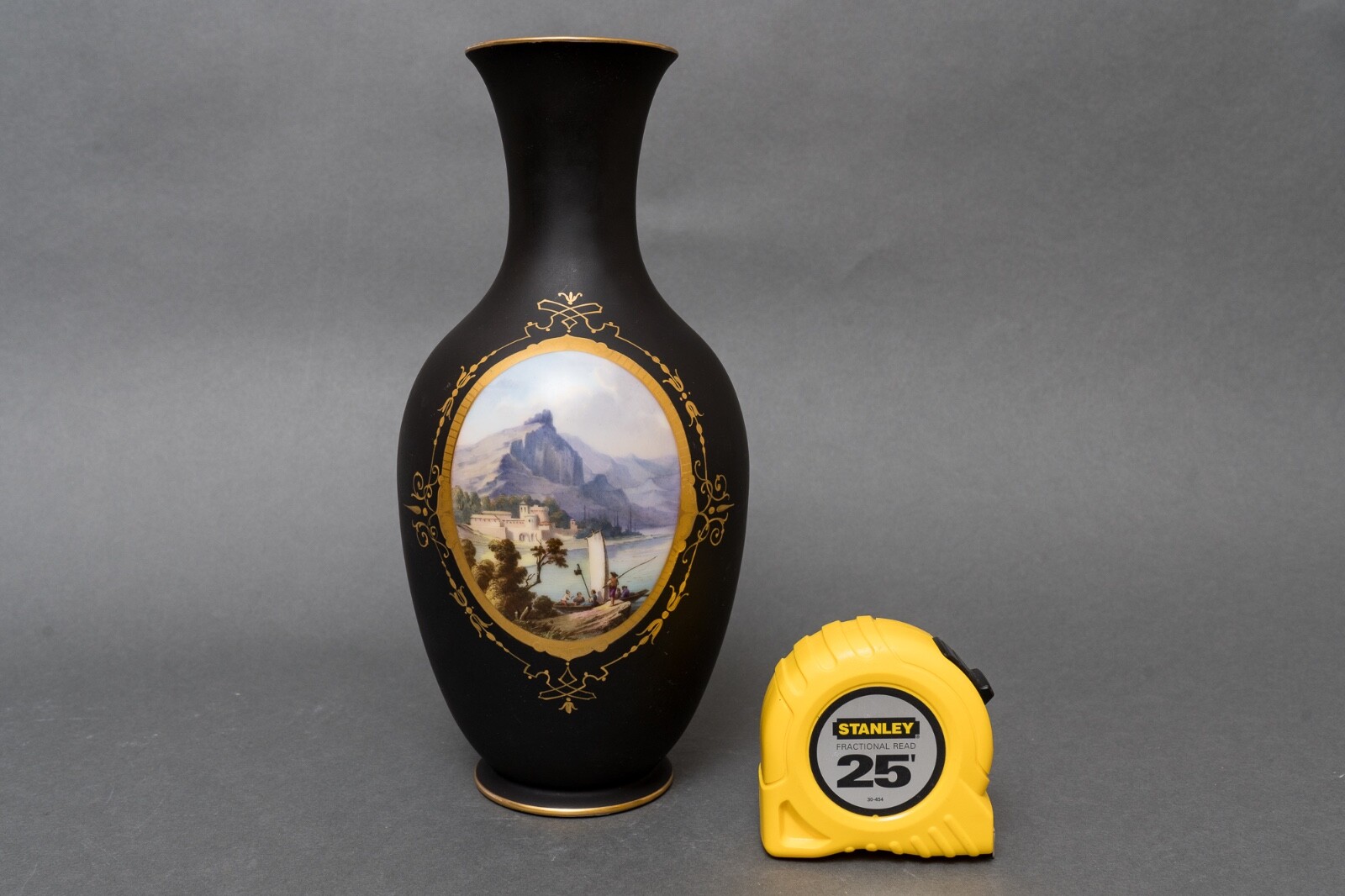 Antique Black ebony vase hand-painted porcelain. Classic motifs gold decoration