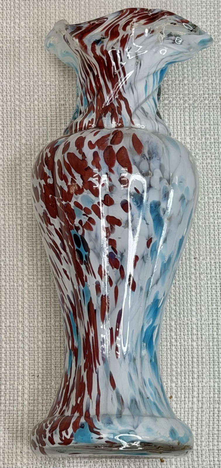 Ruffled Edge White, Red, Blue Splatter Speckled Czech Glass 8” Vase