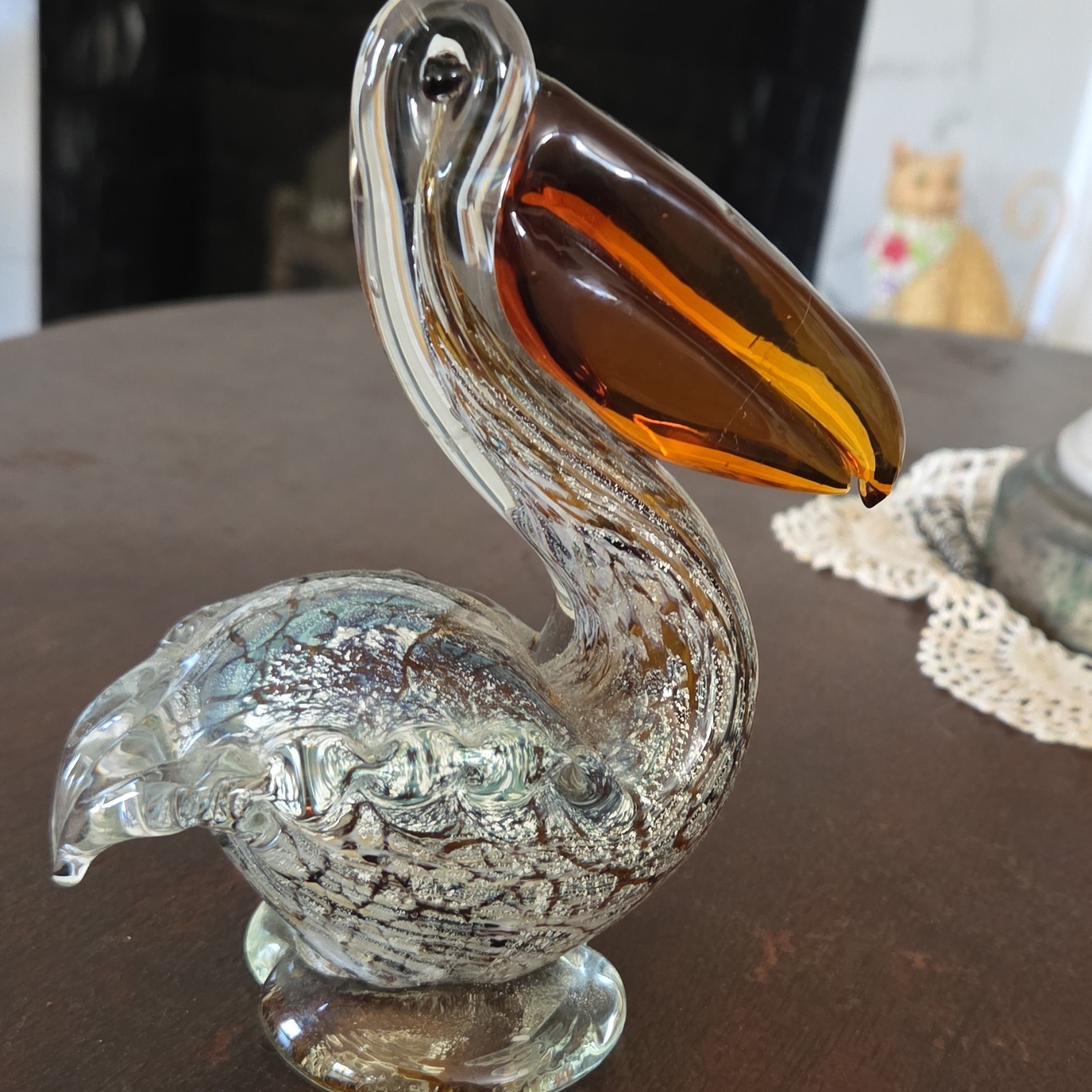Art Glass Pelican Figurine Clear Brown Decorative Glossy Bird Sculpture