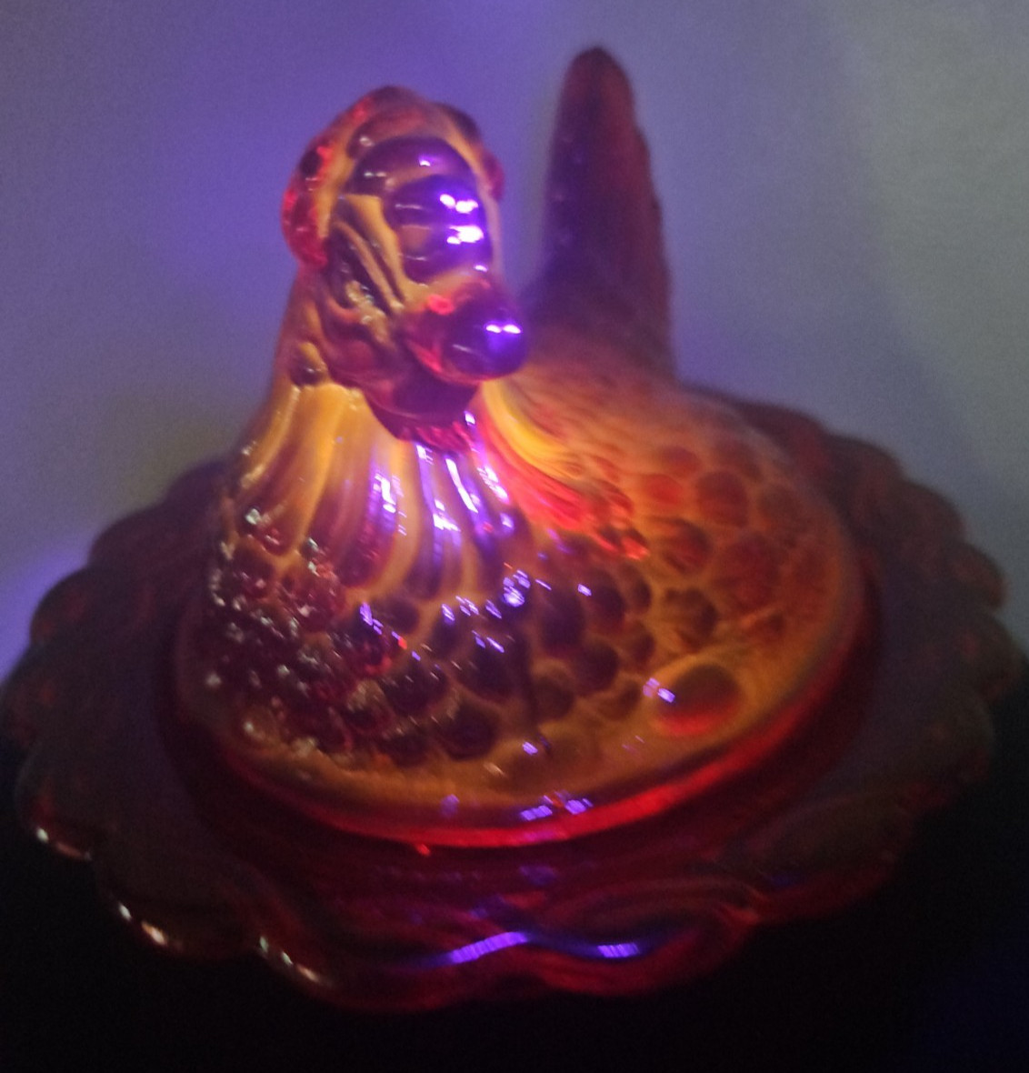 Mosser Ruby Red Hen on Nest-UV Reactive Cadiuim Glow Split Tail 6 1/2 inches