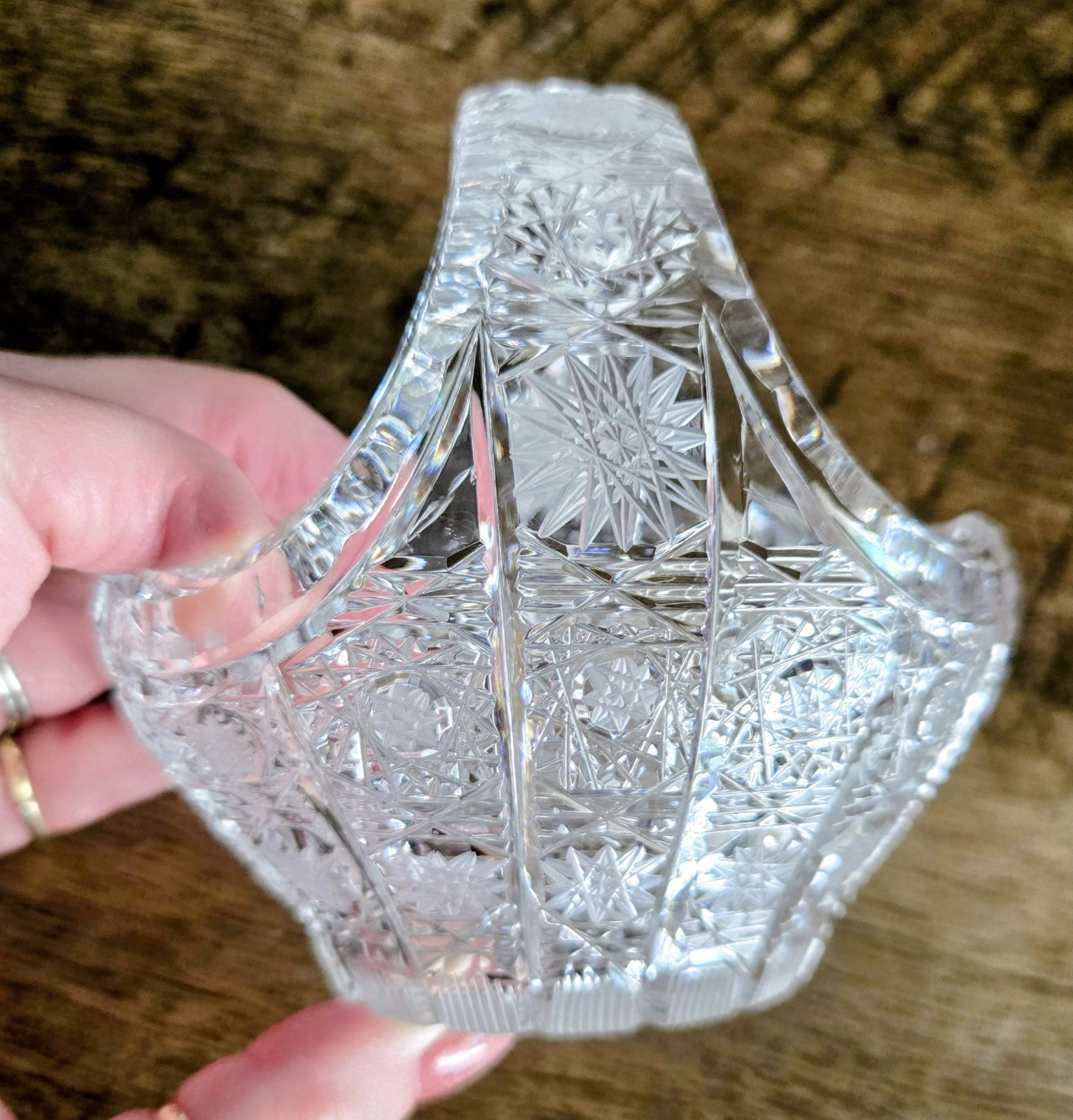 Vintage Bohemian Queen Lace Czech Crystal Oval Basket Hand Cut