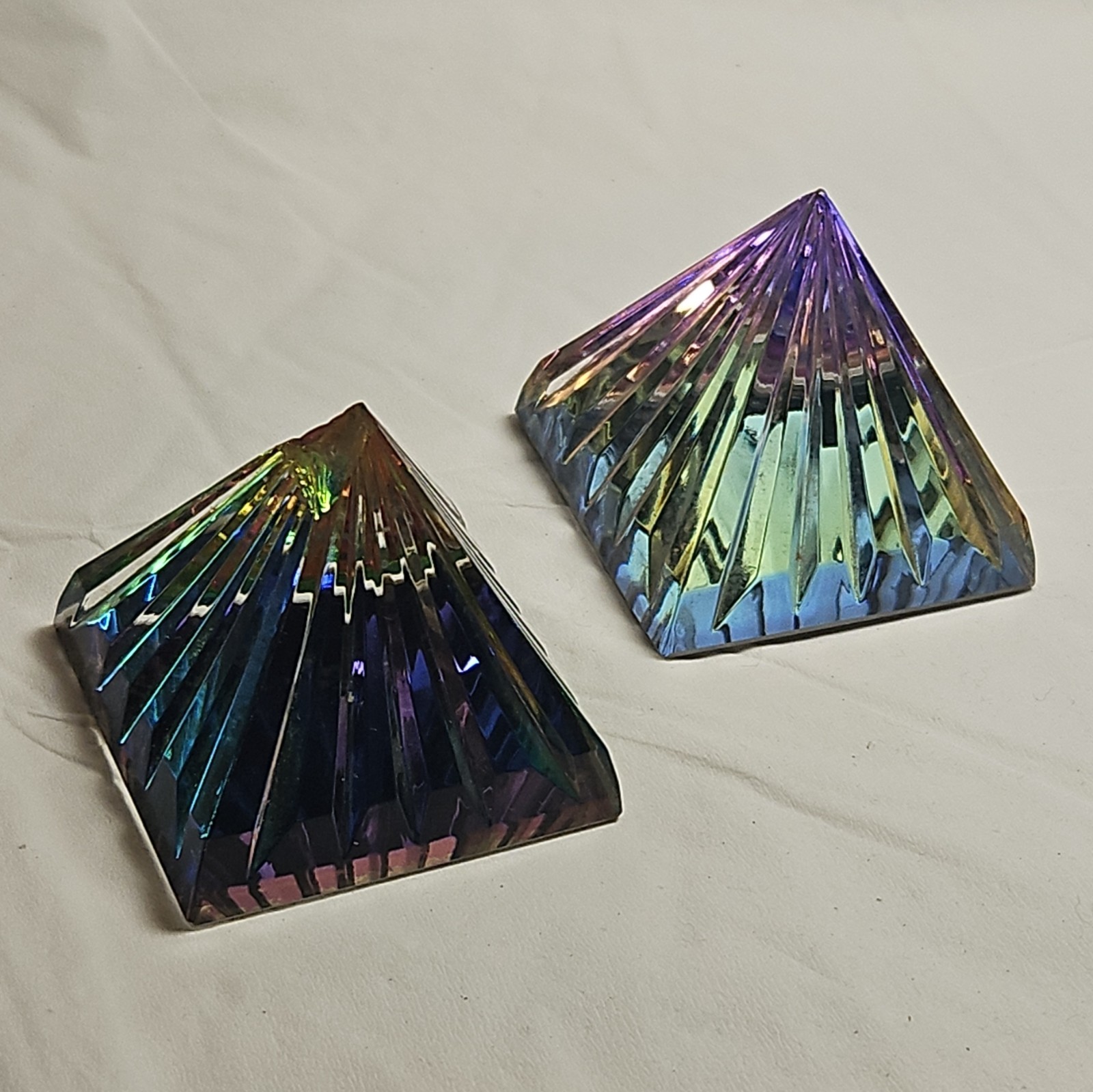 2 Multicolor Iridescent Faceted Glass Pyramid Paperweights, Prism Style