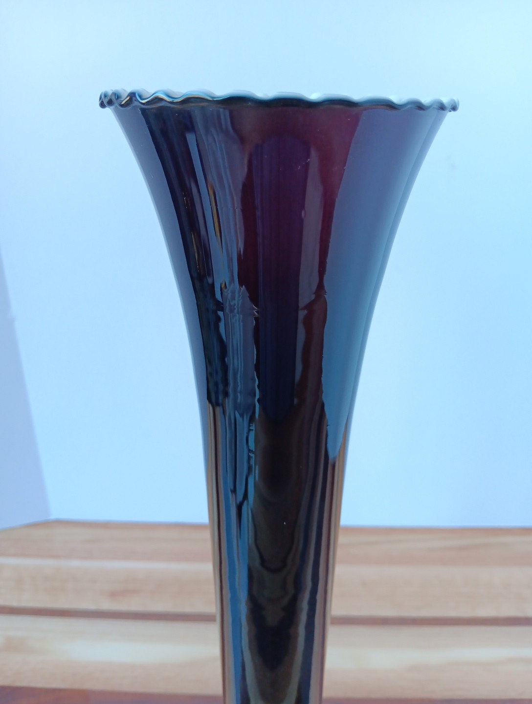 Tall Black Vase Hand Blown White with Clear Footed Bottom 15.25″ Bud Glossy