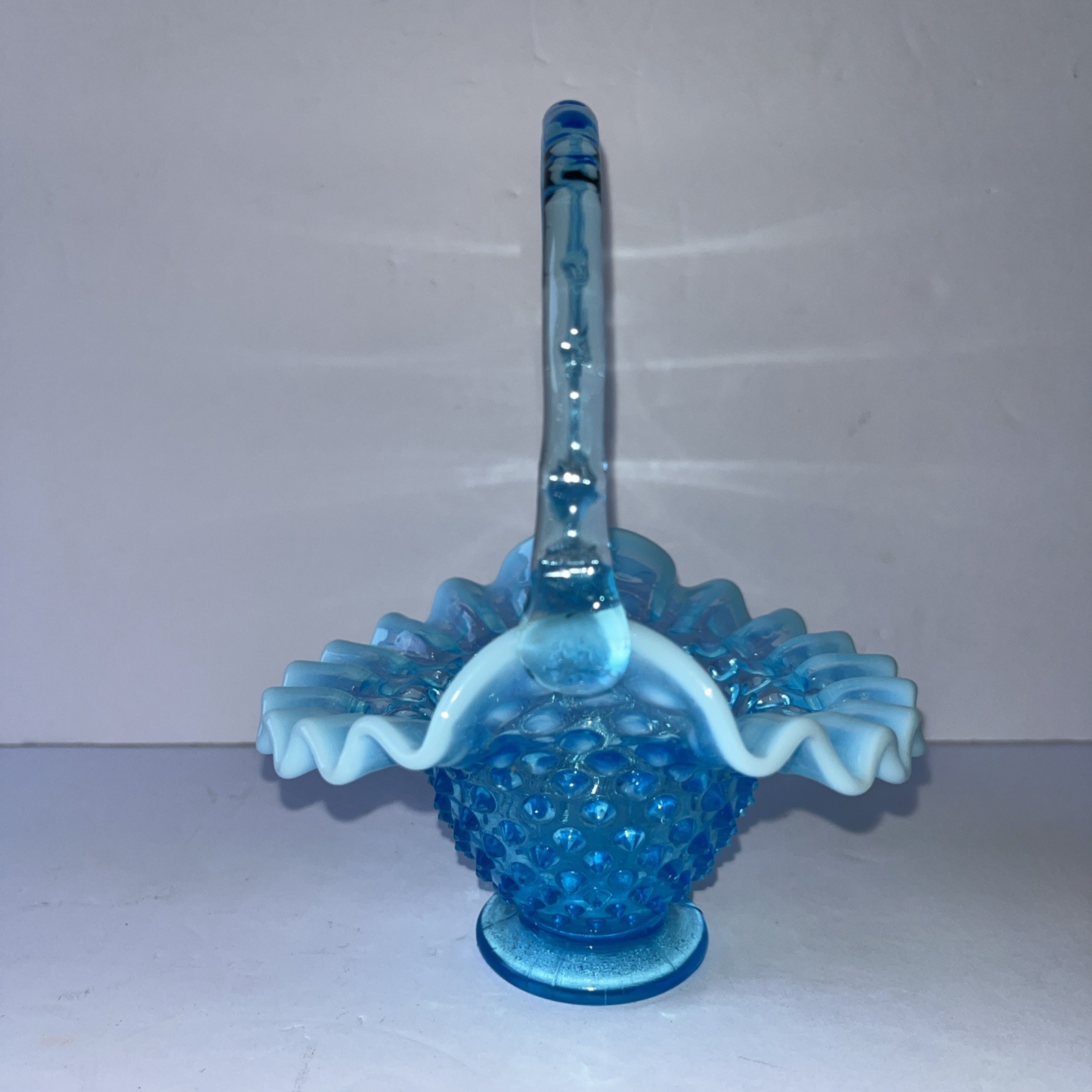 Vintage Fenton Blue Opalescent Hobnail Glass Basket 6.5” Tall