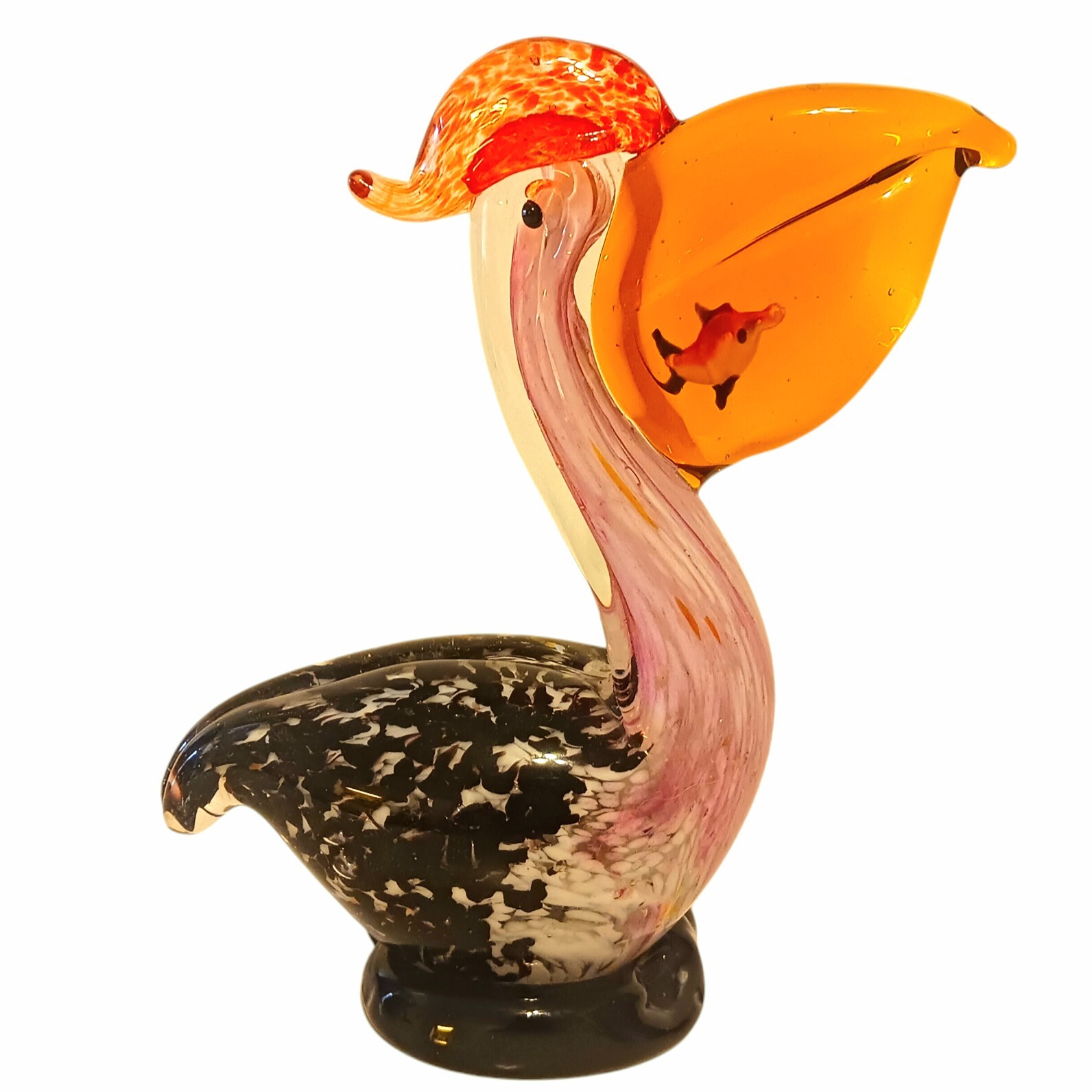 Vtg Art Glass Figurine Sculpture Statue Pelican Bird w Fish 7″ Tall Multicolored